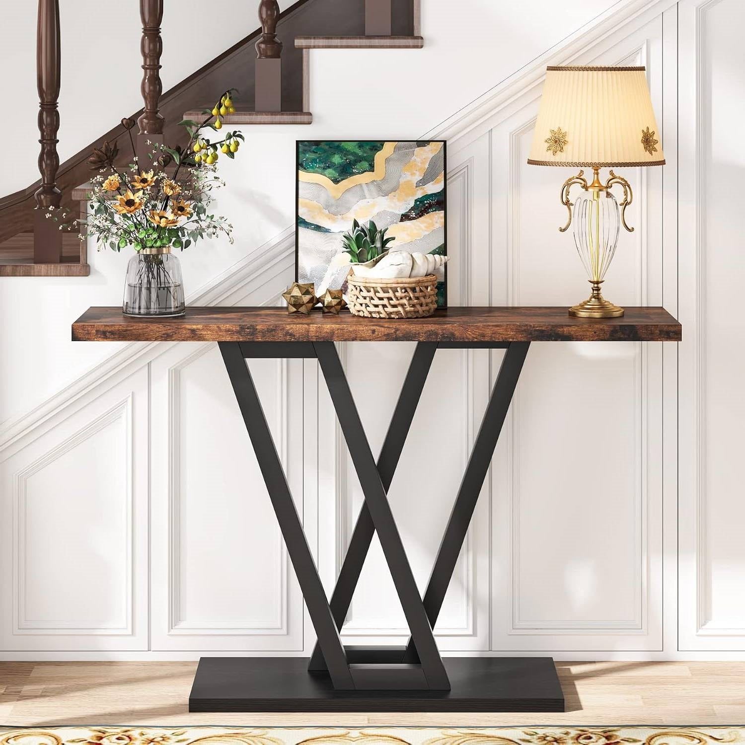 Modern 43-inch Narrow Entryway Table with Brown Wood Top and Black Metal Frame-2