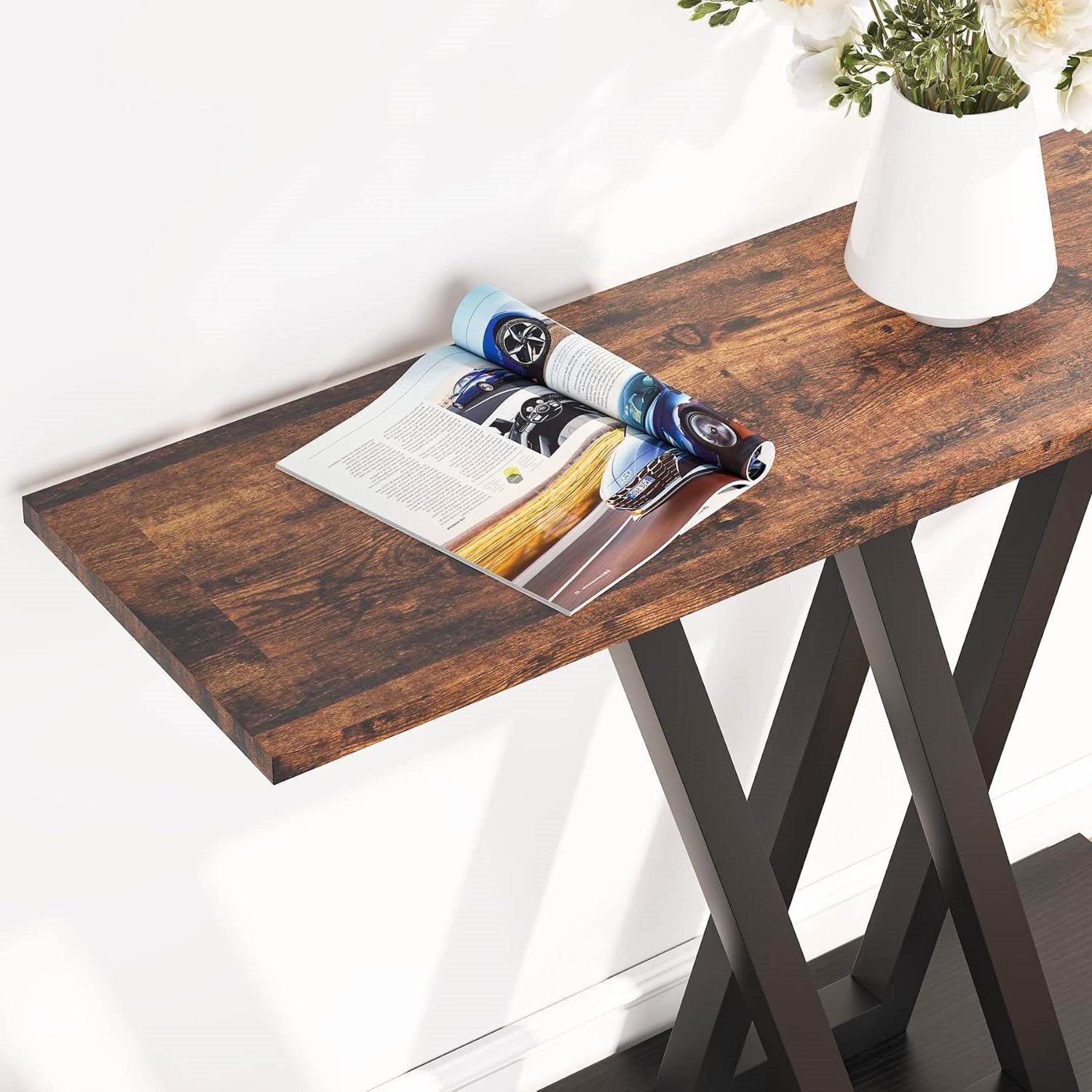 Modern 43-inch Narrow Entryway Table with Brown Wood Top and Black Metal Frame-3