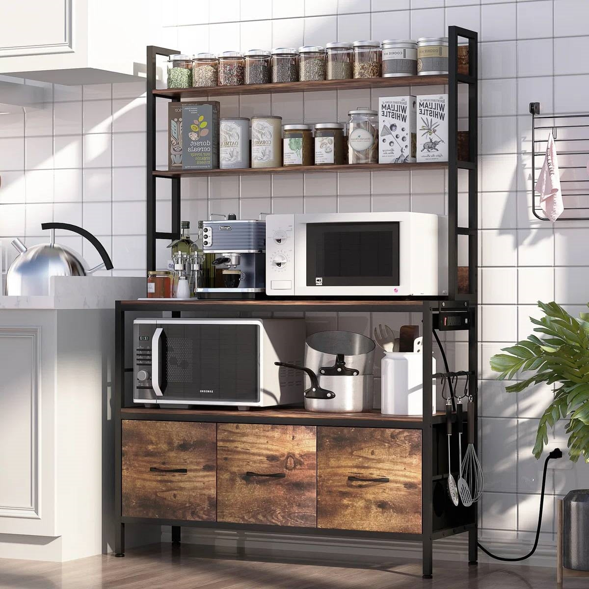 Black Metal Kitchen Baker's Rack with Brown Wood Shelves and Storage Cabinets-0
