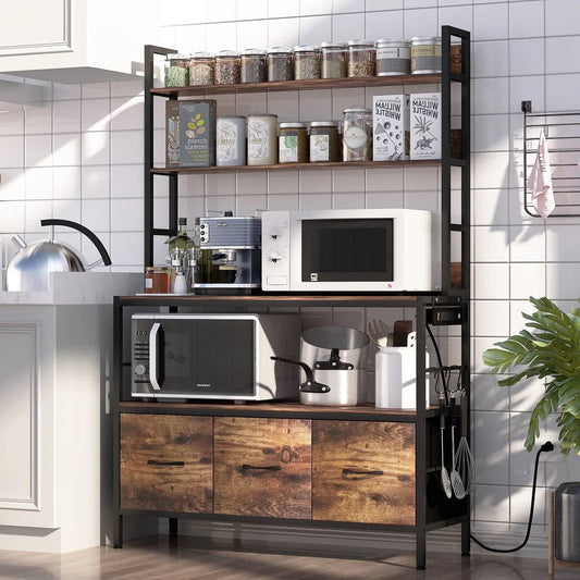 Black Metal Kitchen Baker's Rack with Brown Wood Shelves and Storage Cabinets-0