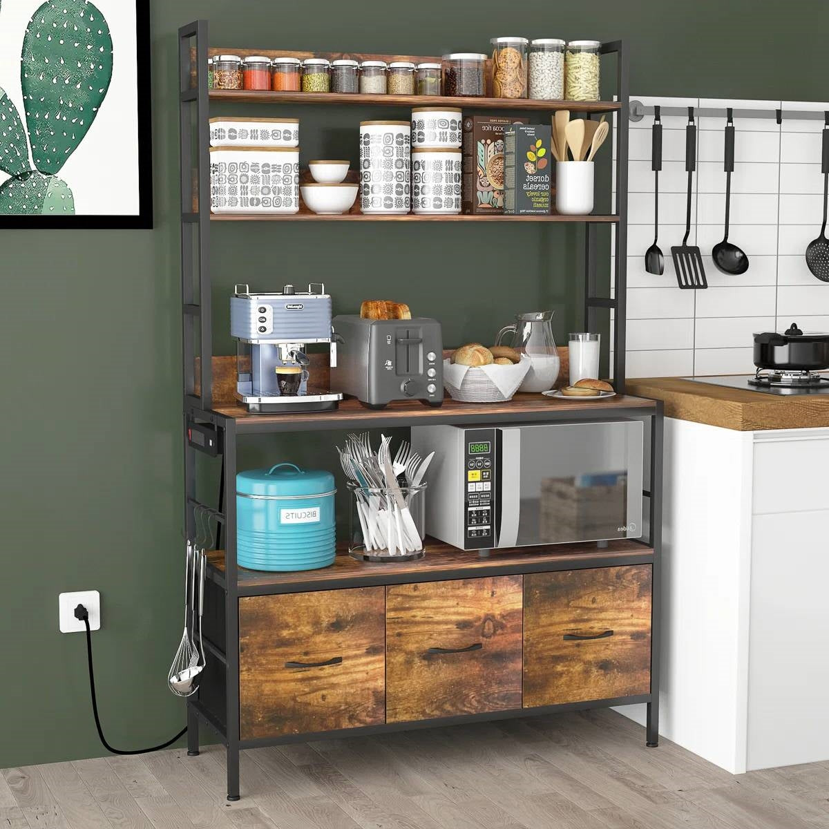Black Metal Kitchen Baker's Rack with Brown Wood Shelves and Storage Cabinets-1