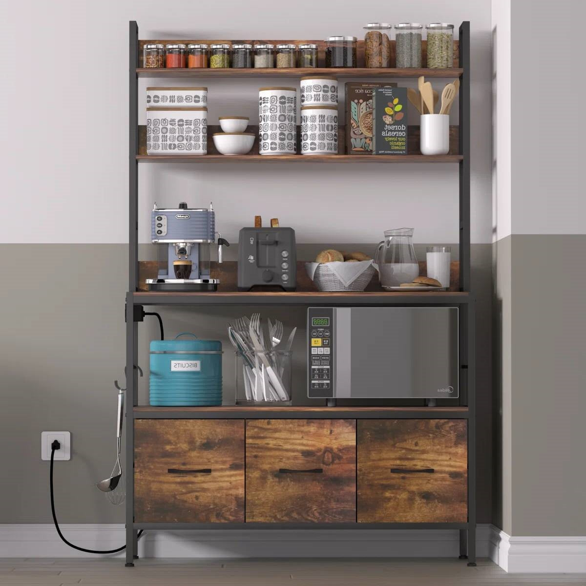 Black Metal Kitchen Baker's Rack with Brown Wood Shelves and Storage Cabinets-2