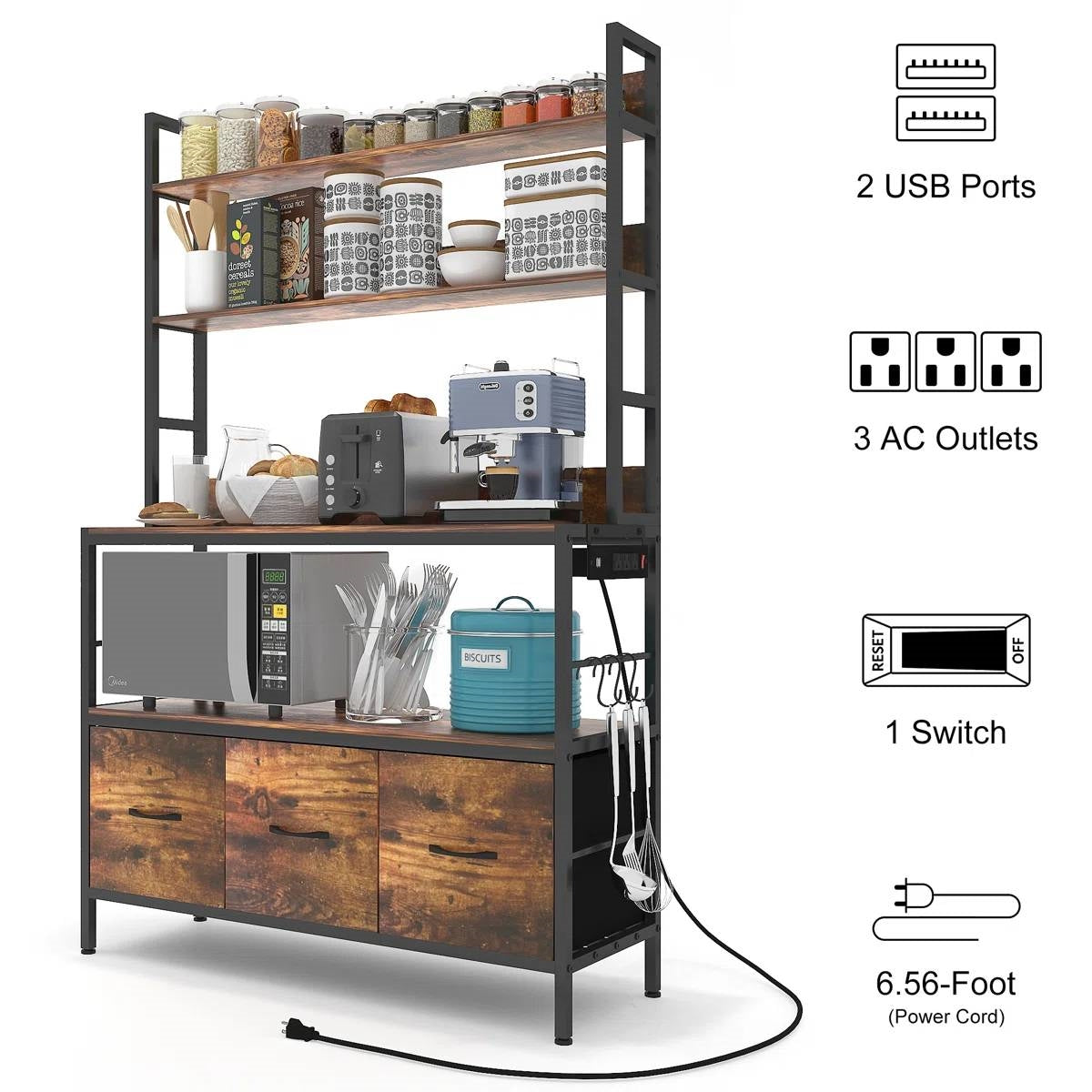 Black Metal Kitchen Baker's Rack with Brown Wood Shelves and Storage Cabinets-3