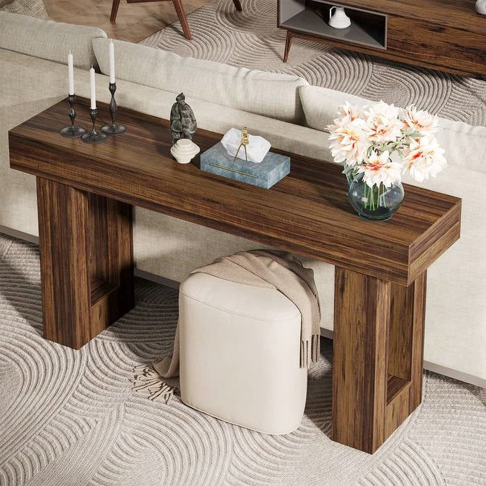 Modern Farmhouse 63-inch Long Narrow Console Sofa Table in Brown Wood Finish-1