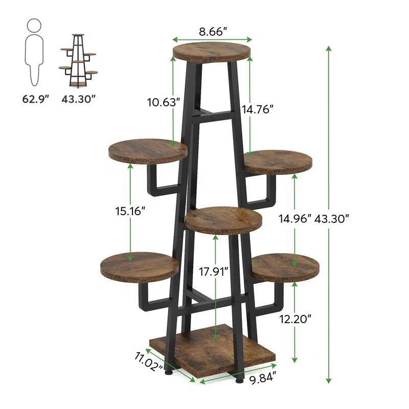 Modern Indoor Multi-Tier Plant Stand with Black Metal Frame and Wood Shelves-4