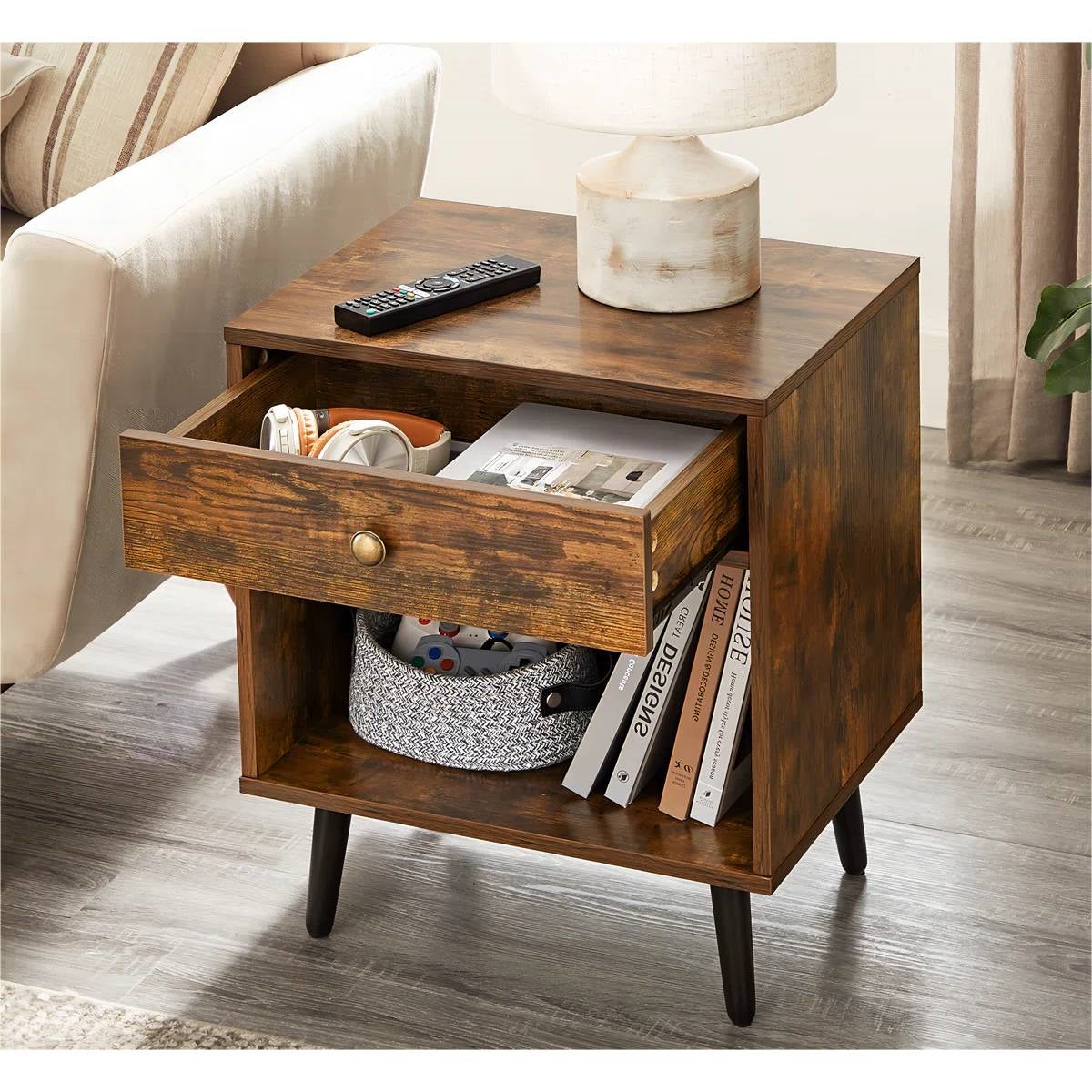 Mid-Century Farmhouse Bedroom 1-Drawer Nightstand End Table with Open Shelf-1