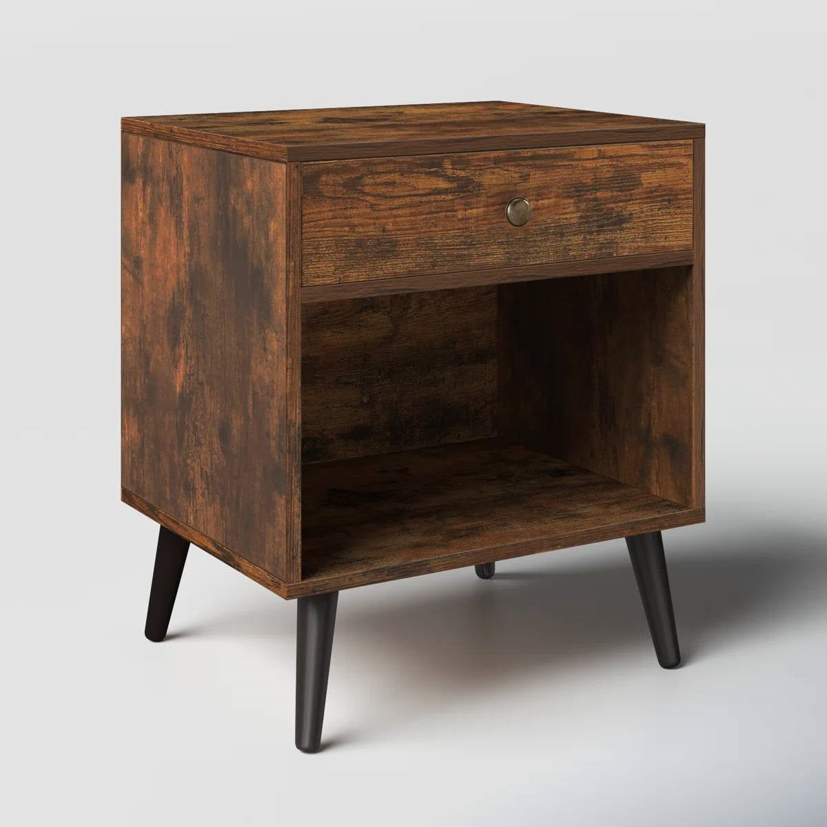 Mid-Century Farmhouse Bedroom 1-Drawer Nightstand End Table with Open Shelf-2