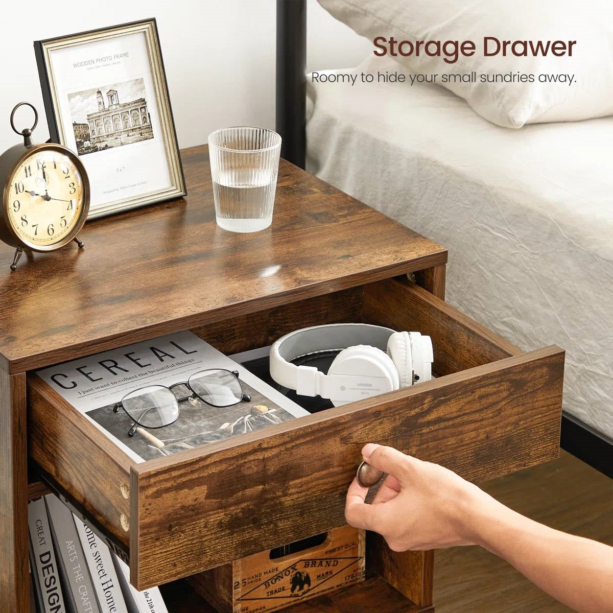 Mid-Century Farmhouse Bedroom 1-Drawer Nightstand End Table with Open Shelf-3