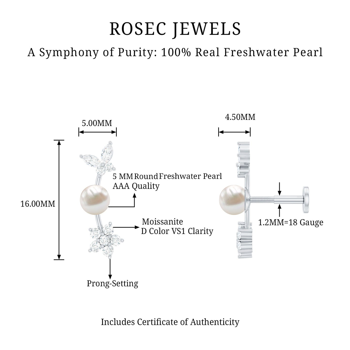 Nature Inspired Freshwater Pearl and Moissanite Crawler Earring