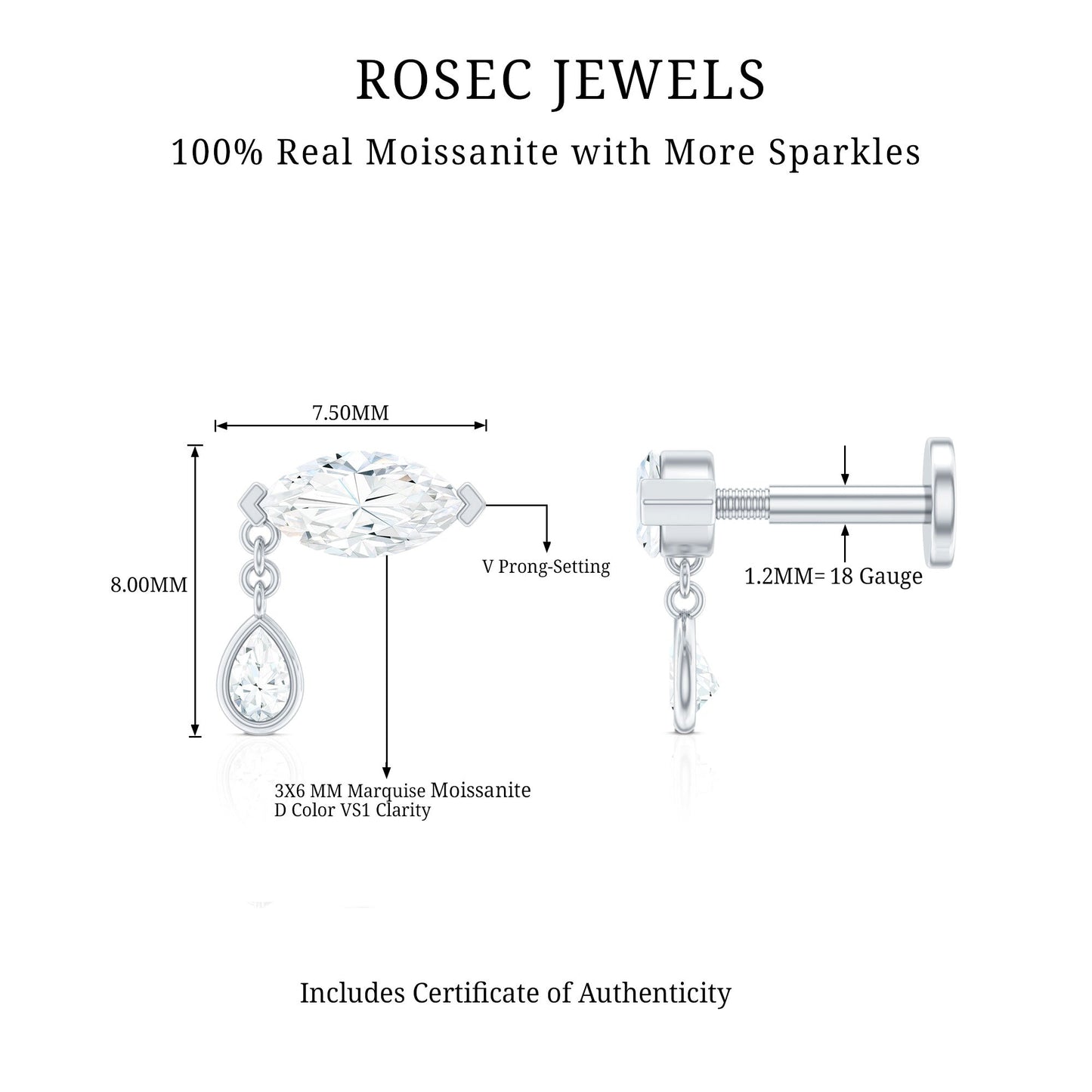 Marquise Moissanite Dangle Cartilage Earring