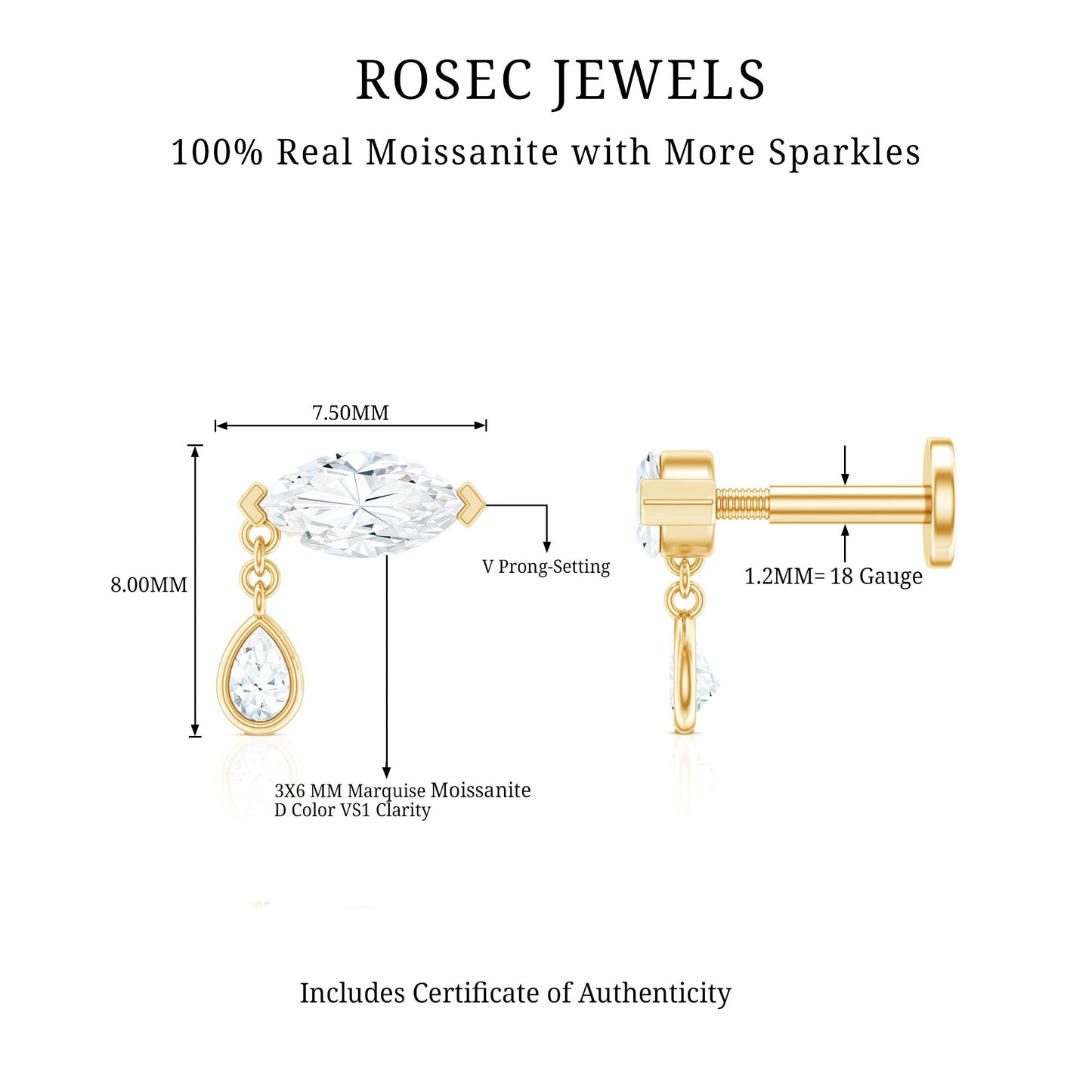 Marquise Moissanite Dangle Cartilage Earring