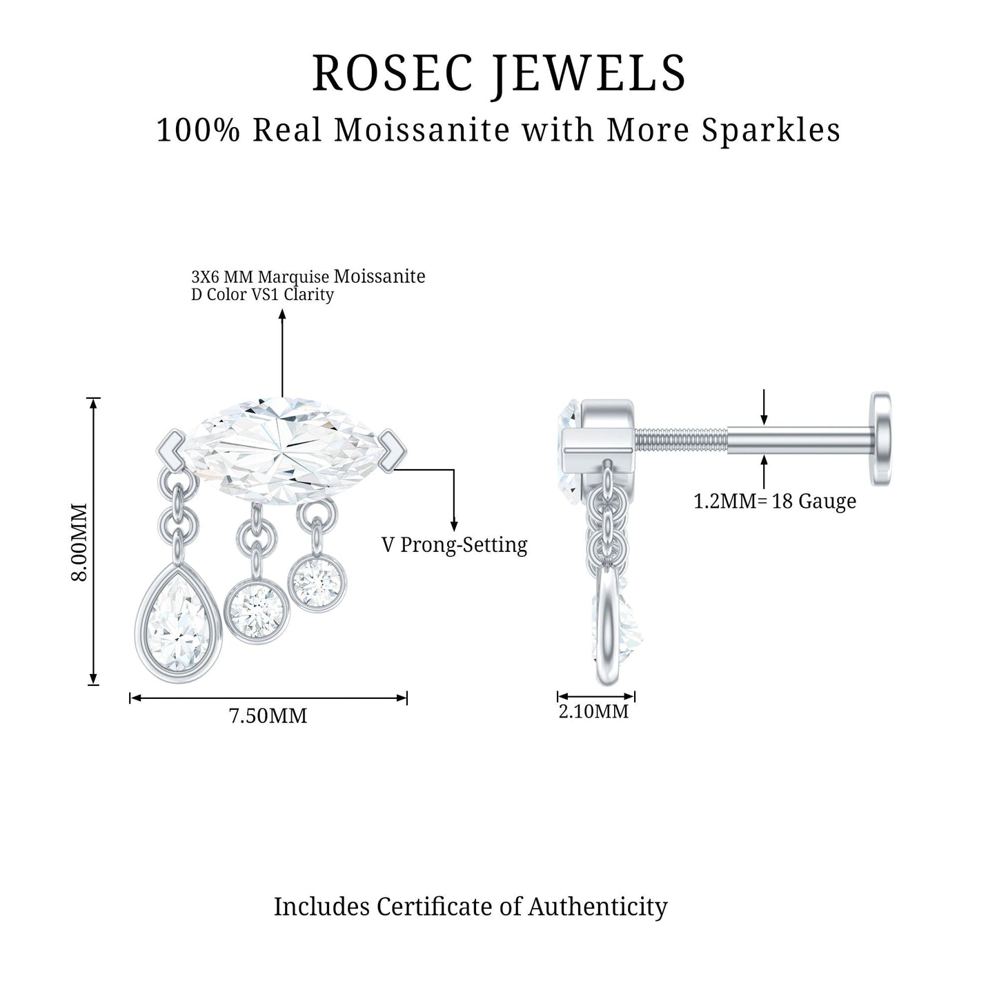 Marquise Cut Moissanite Cartilage Dangle Earring