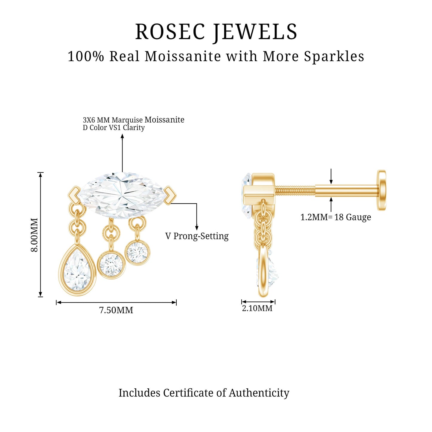 Marquise Cut Moissanite Cartilage Dangle Earring
