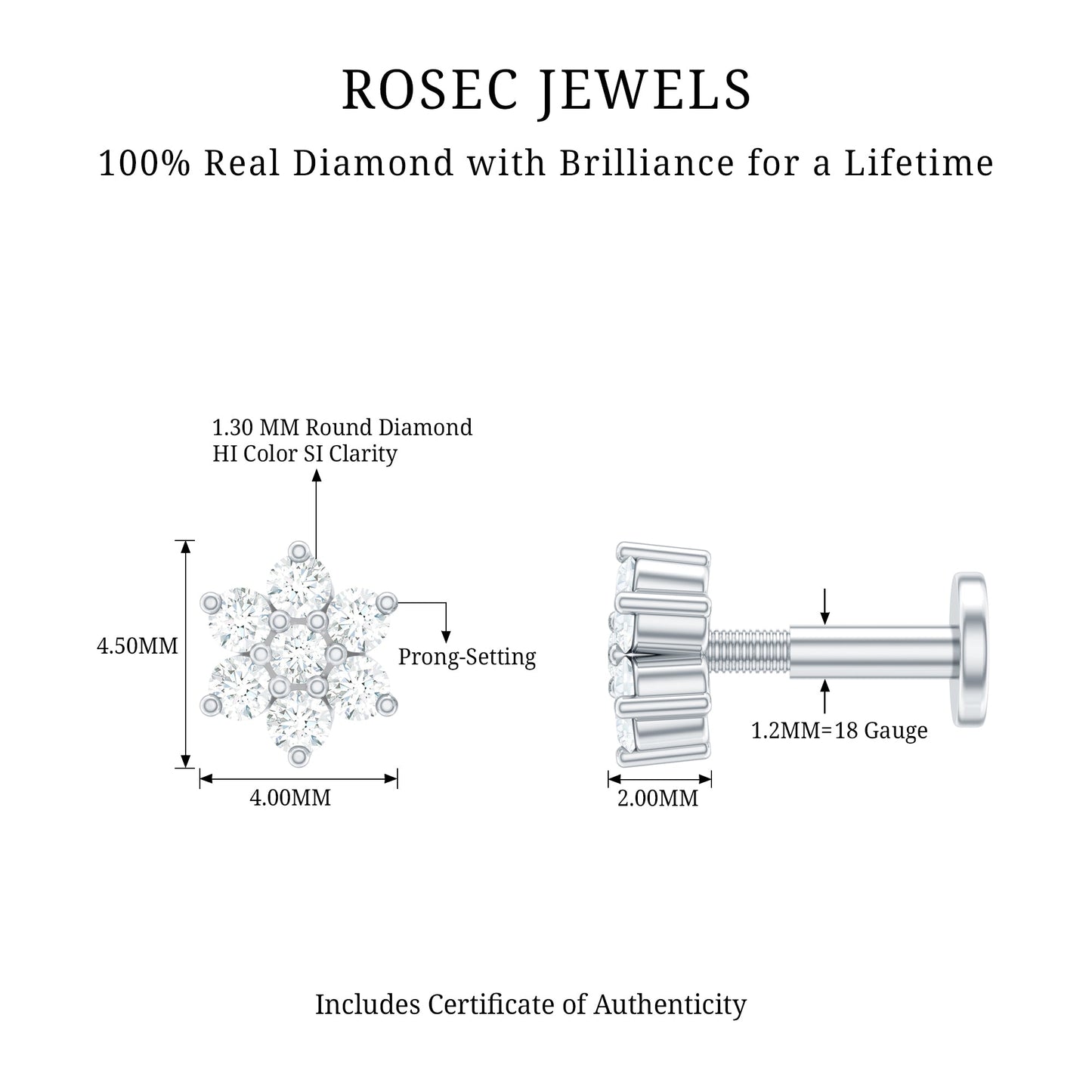 Round Cut Natural Diamond Flower Nose Stud For Women