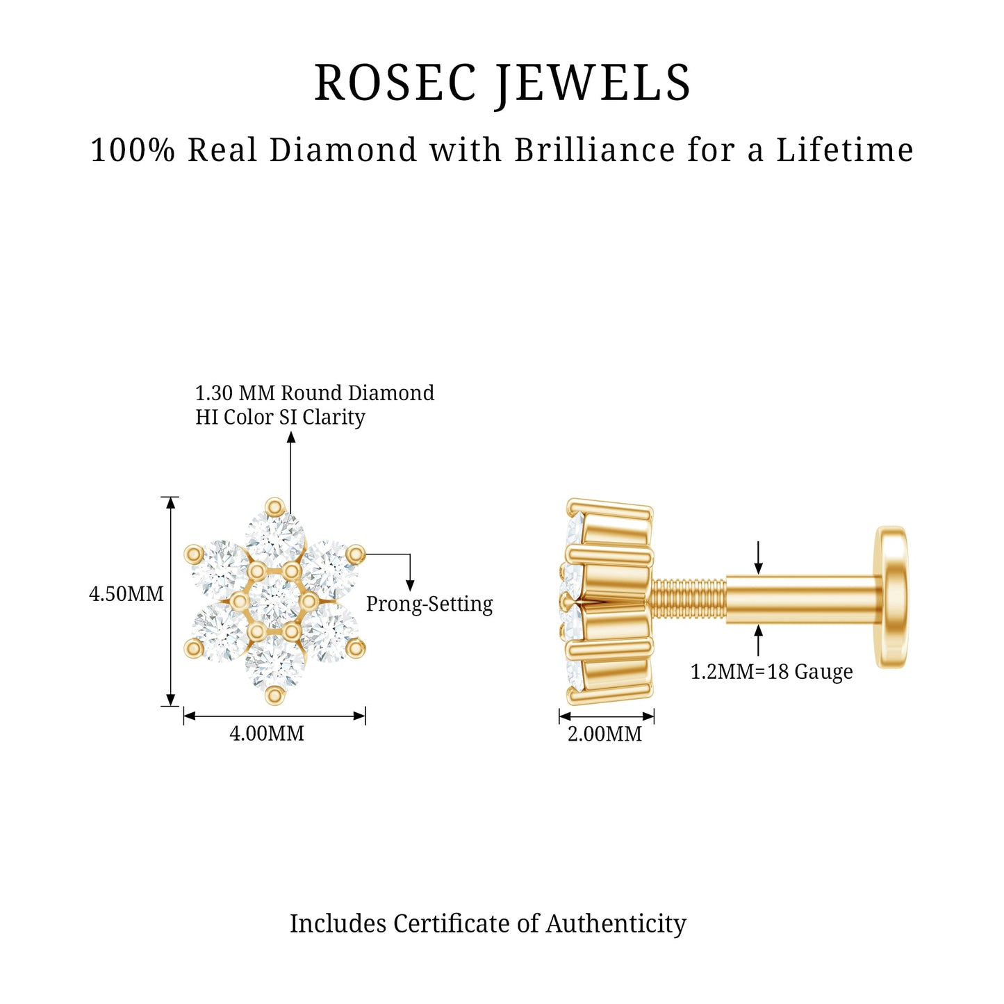 Round Cut Natural Diamond Flower Nose Stud For Women