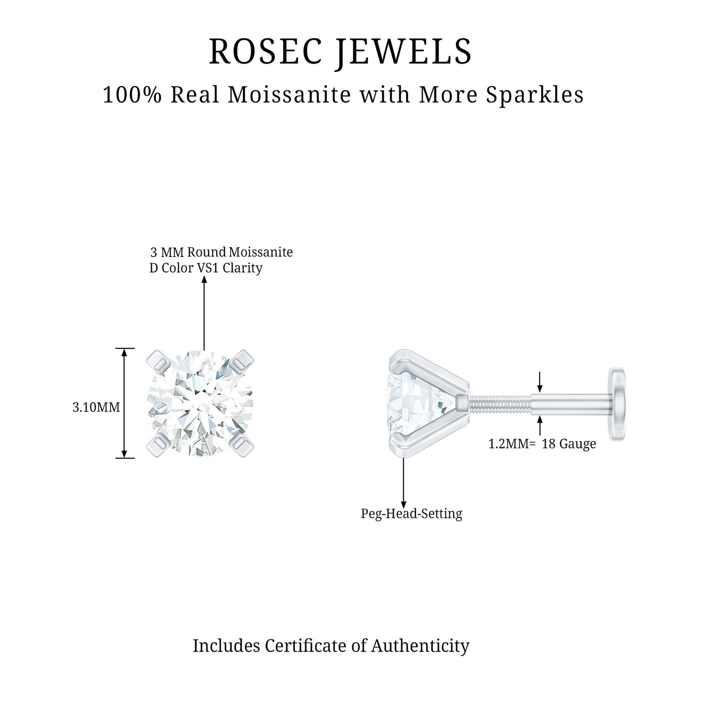 Round Shape Moissanite Solitaire Nose Pin