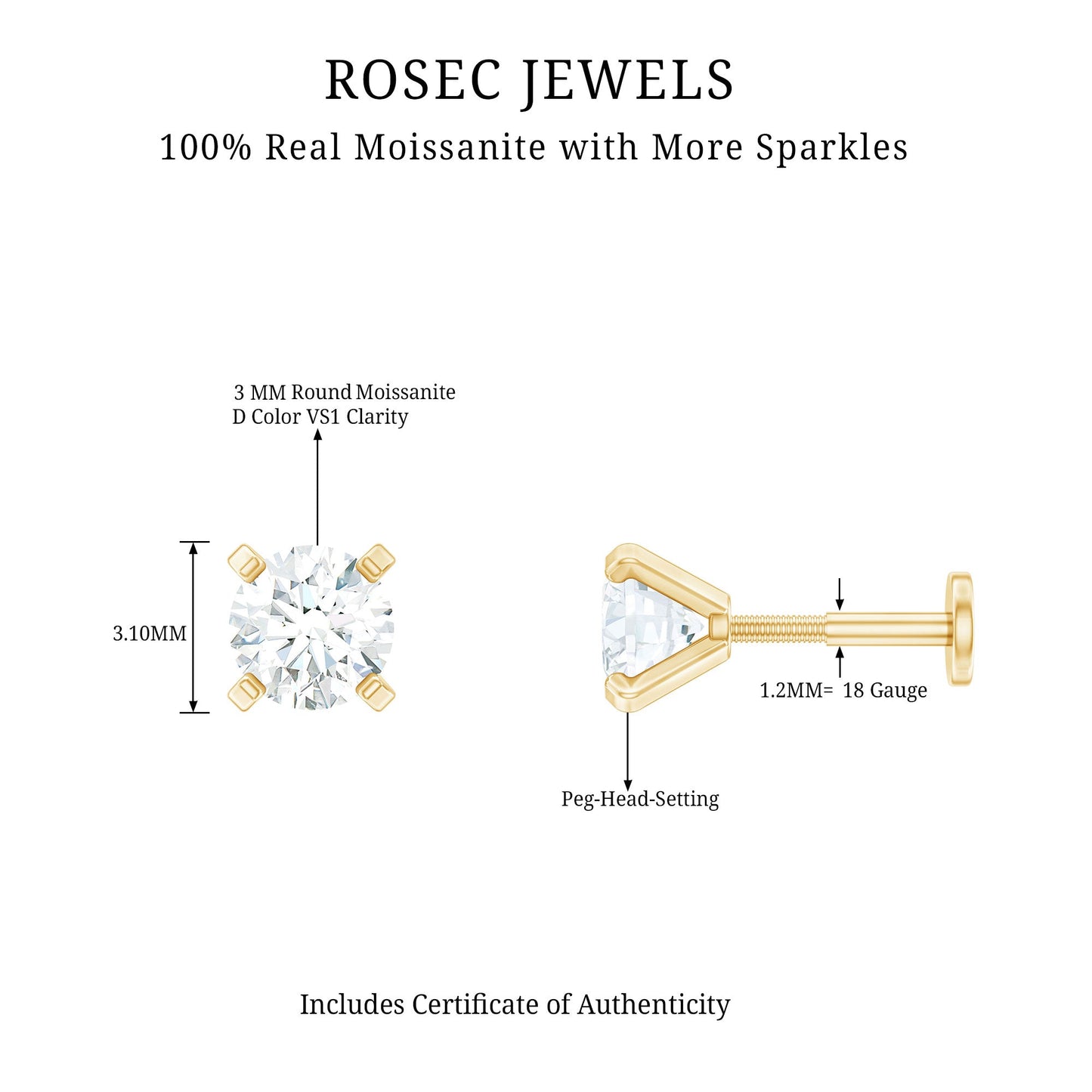 Round Shape Moissanite Solitaire Nose Pin