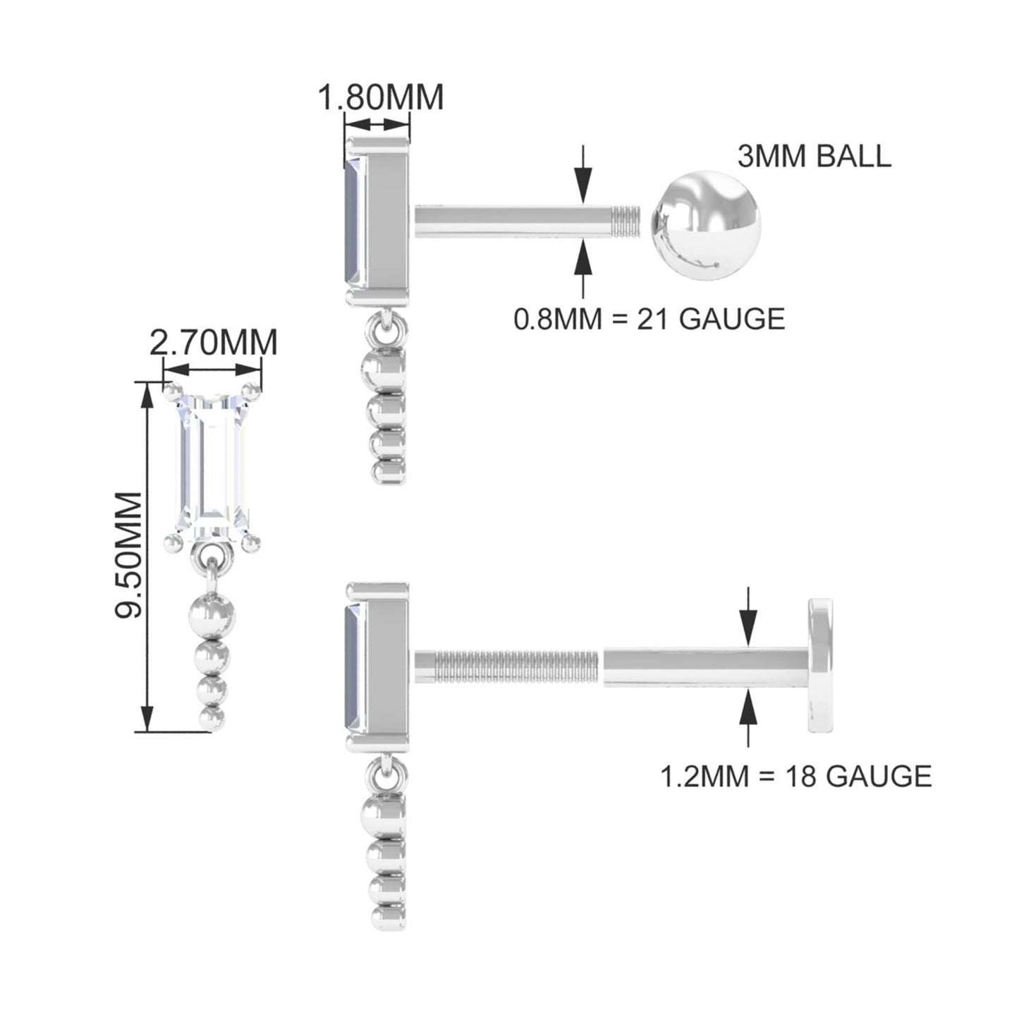 Baguette Diamond Cartilage Drop Earring