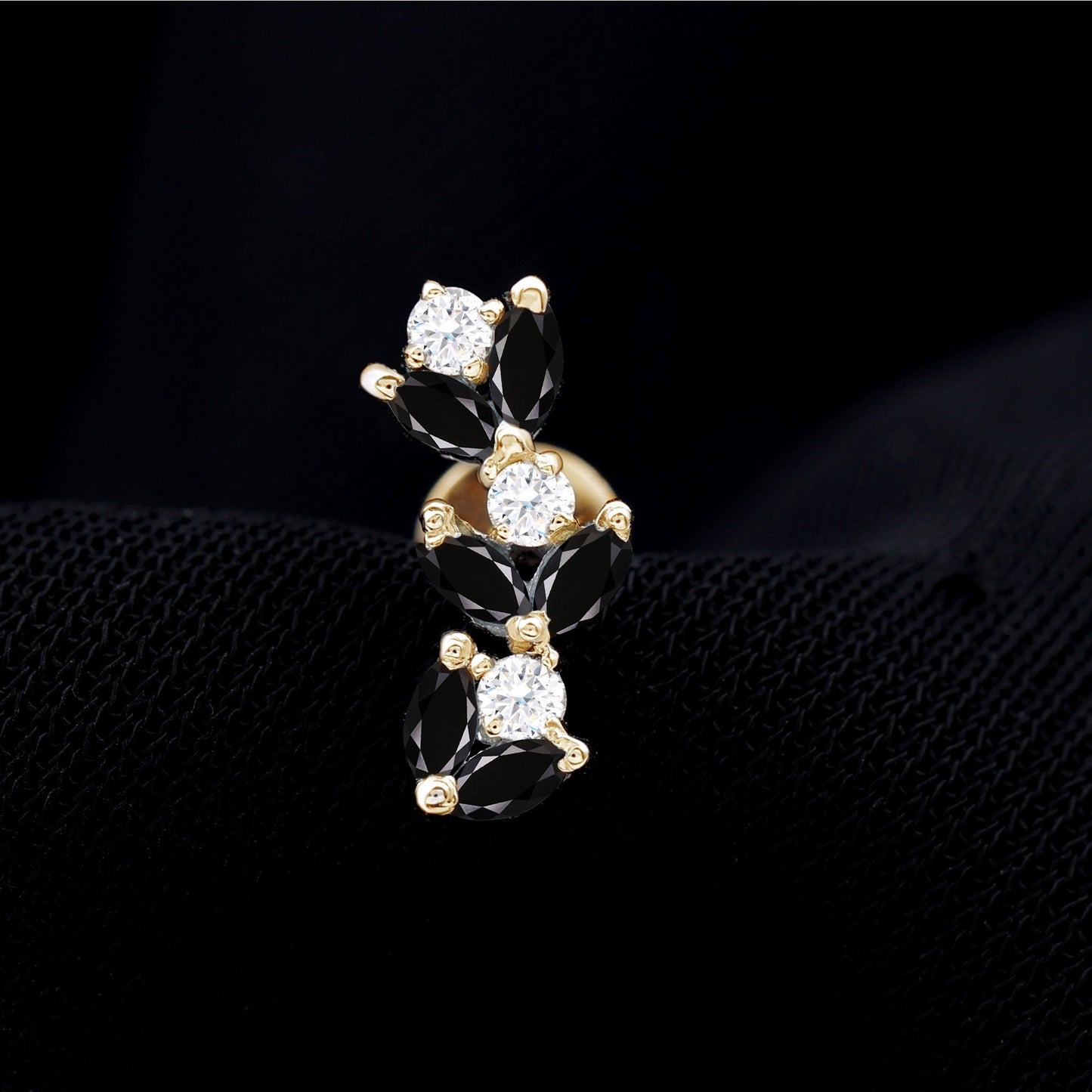 Marquise Black Onyx and Moissanite Leaf Ear Crawler Earring