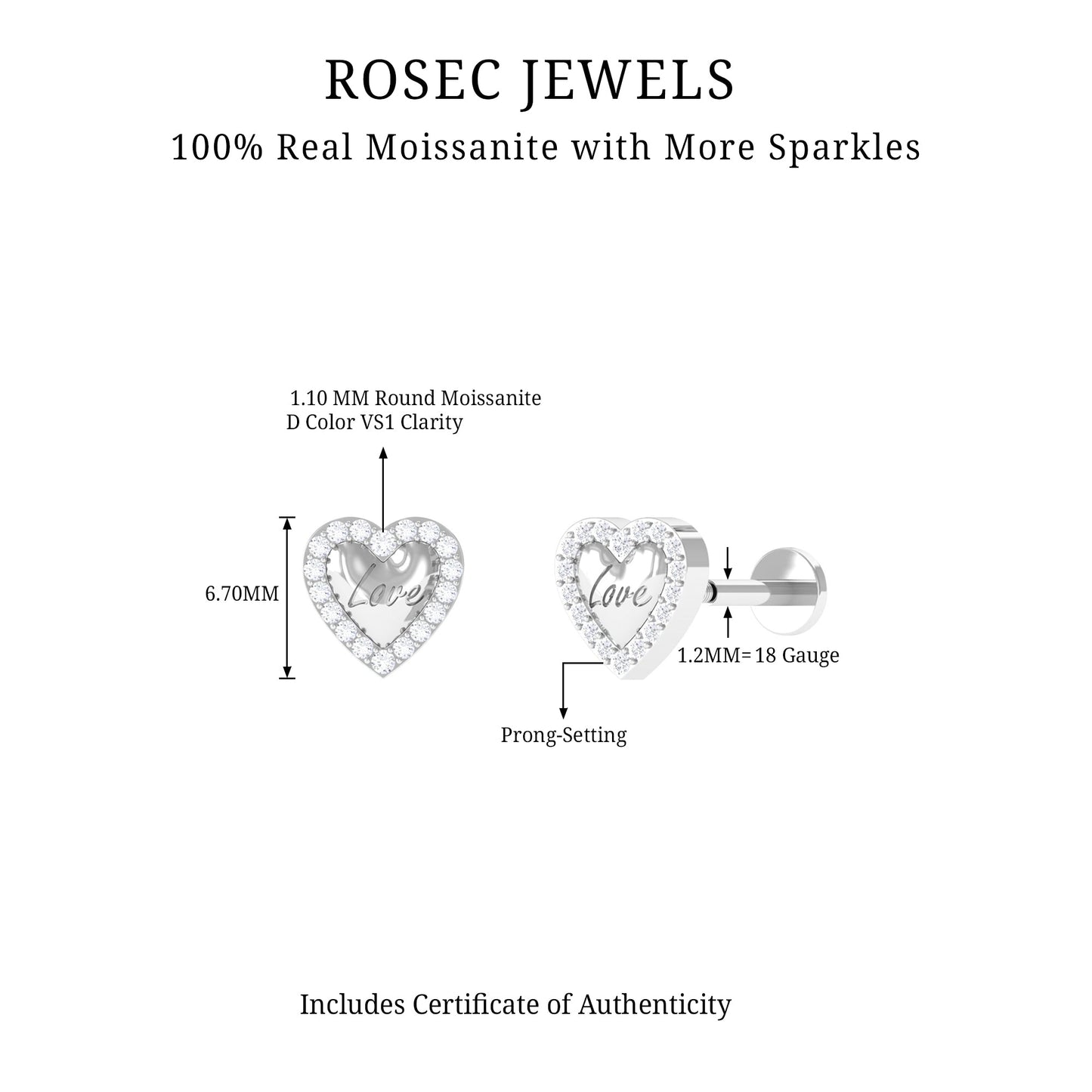 Certified Moissanite Love Heart Earring for Helix Piercing