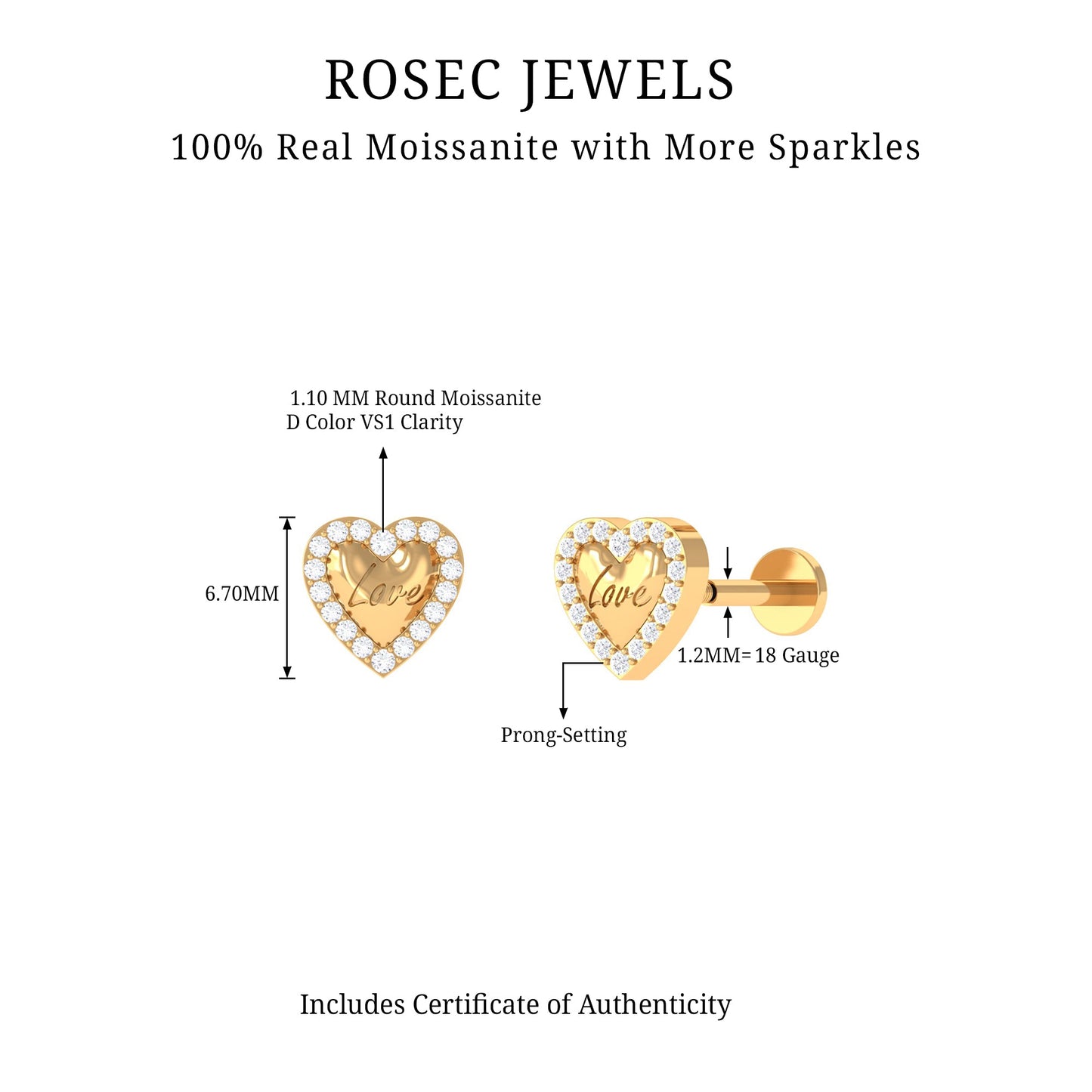 Certified Moissanite Love Heart Earring for Helix Piercing