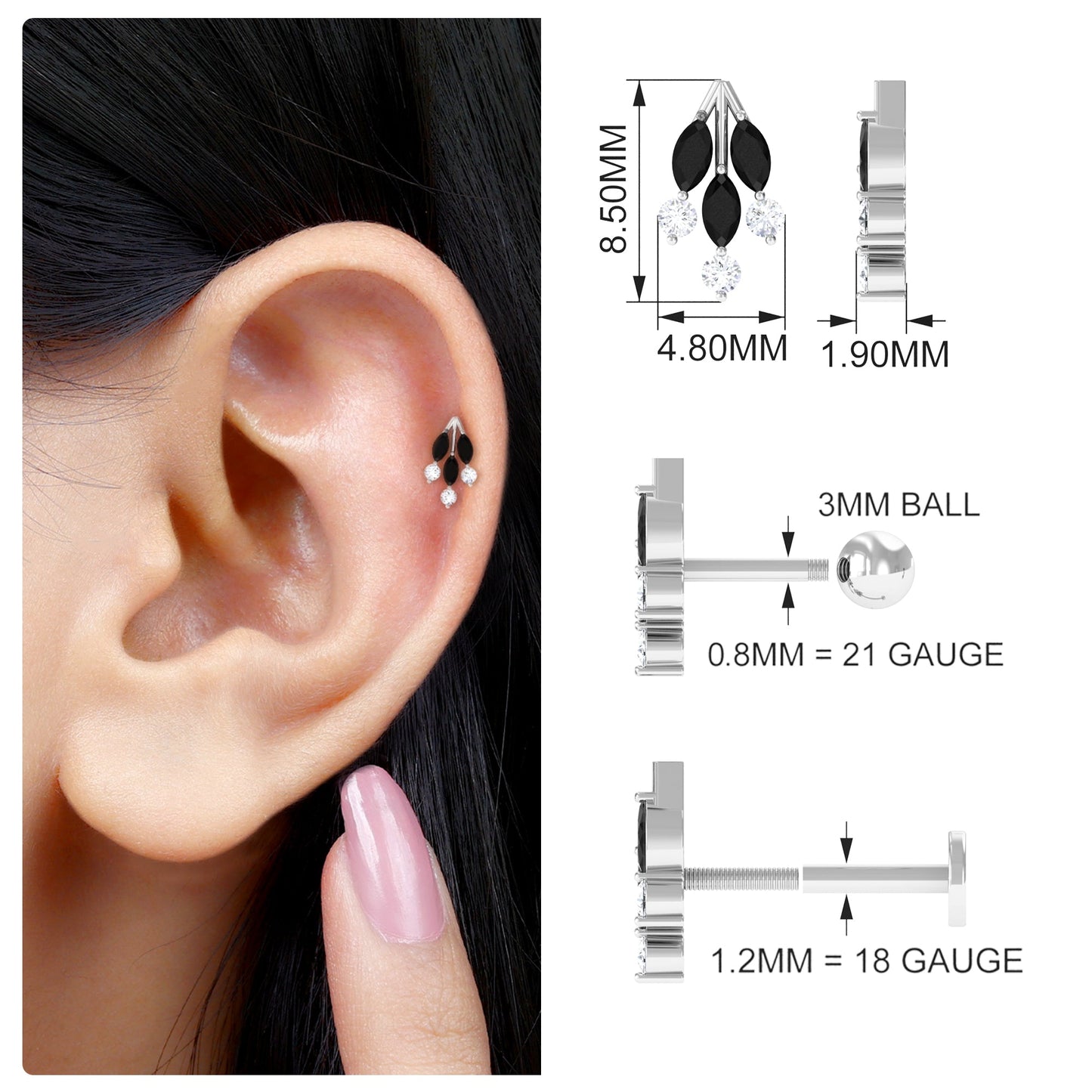 Marquise Black Onyx Leaf Cartilage Earring with Certificate