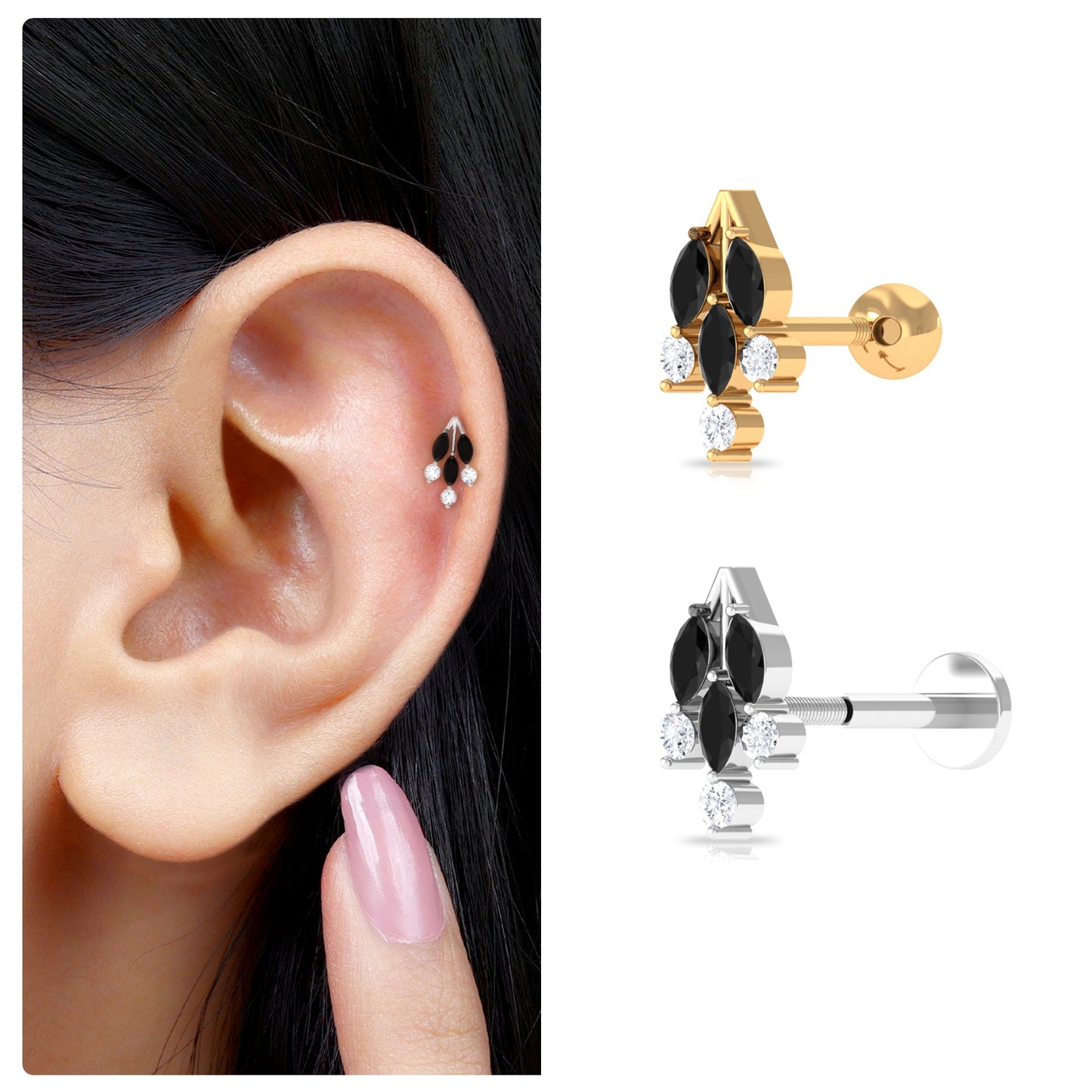 Marquise Black Onyx Leaf Cartilage Earring with Certificate