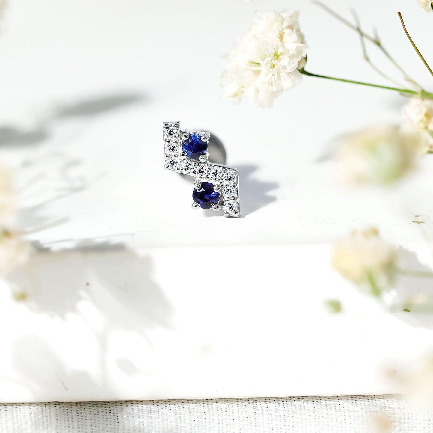 Blue Sapphire and Lab Grown Diamond Zig Zag Helix Earring