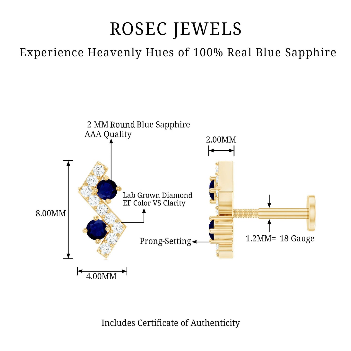 Blue Sapphire and Lab Grown Diamond Zig Zag Helix Earring
