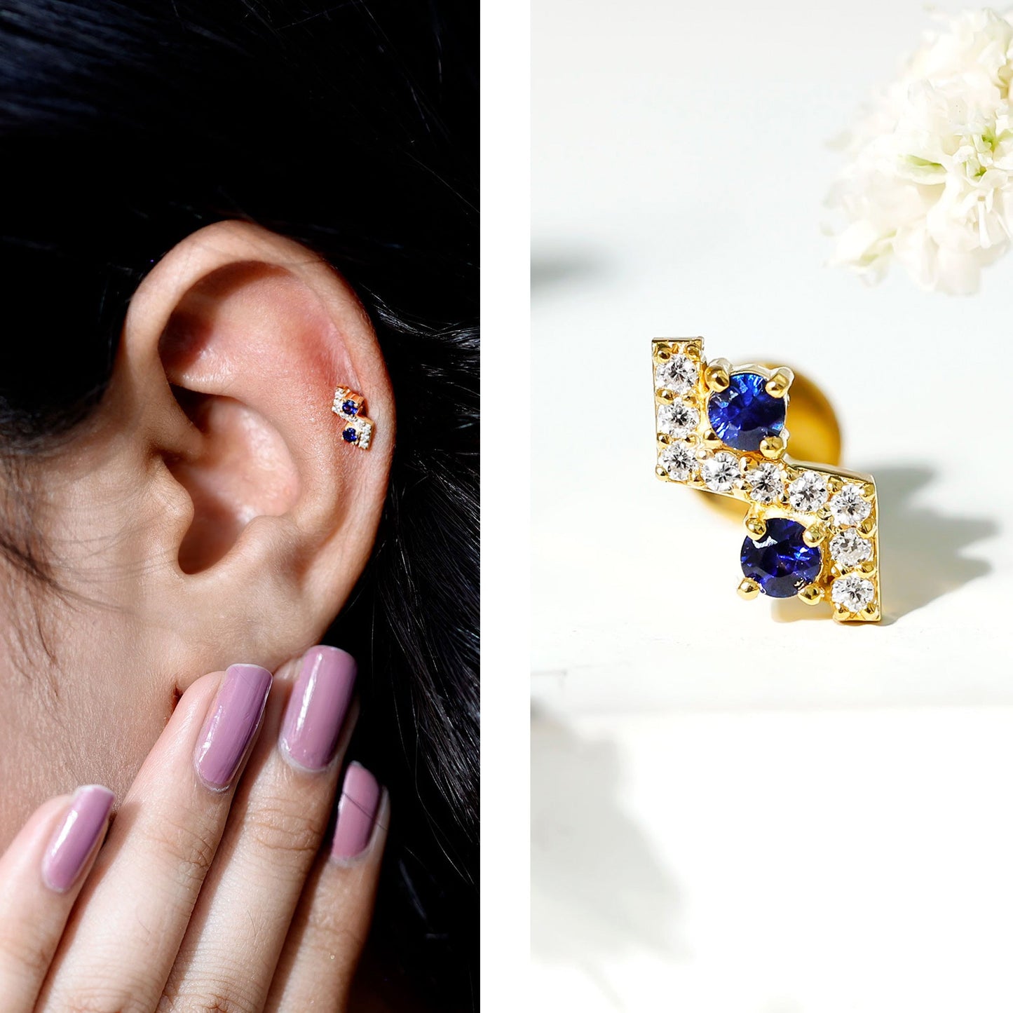 Blue Sapphire and Lab Grown Diamond Zig Zag Helix Earring