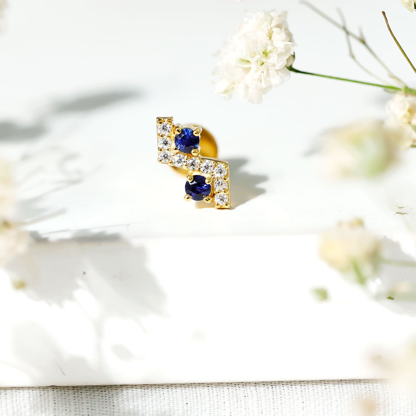 Blue Sapphire and Lab Grown Diamond Zig Zag Helix Earring