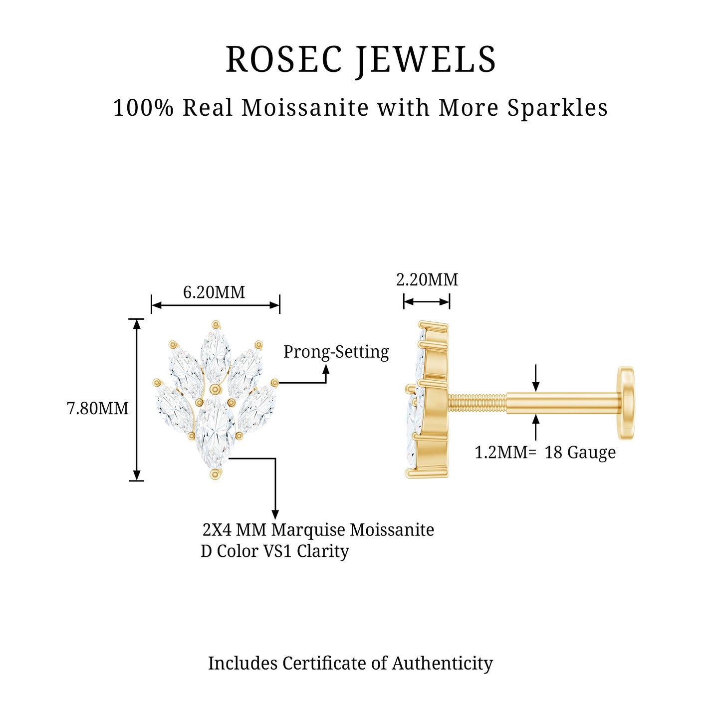 Marquise Moissanite Cluster Leaf Earring for Cartilage Piercing