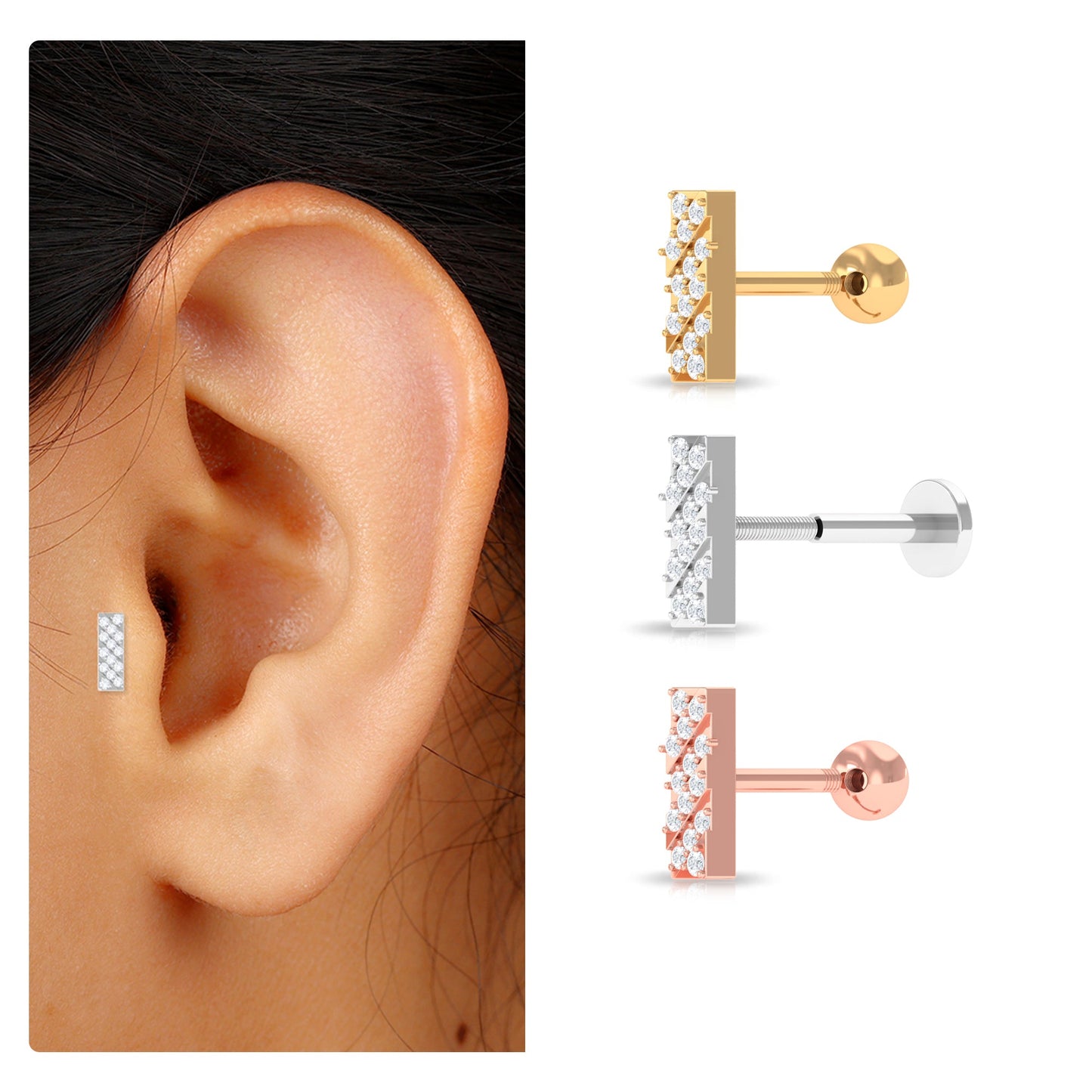 Genuine Diamond Bar Earring for Cartilage Piercing