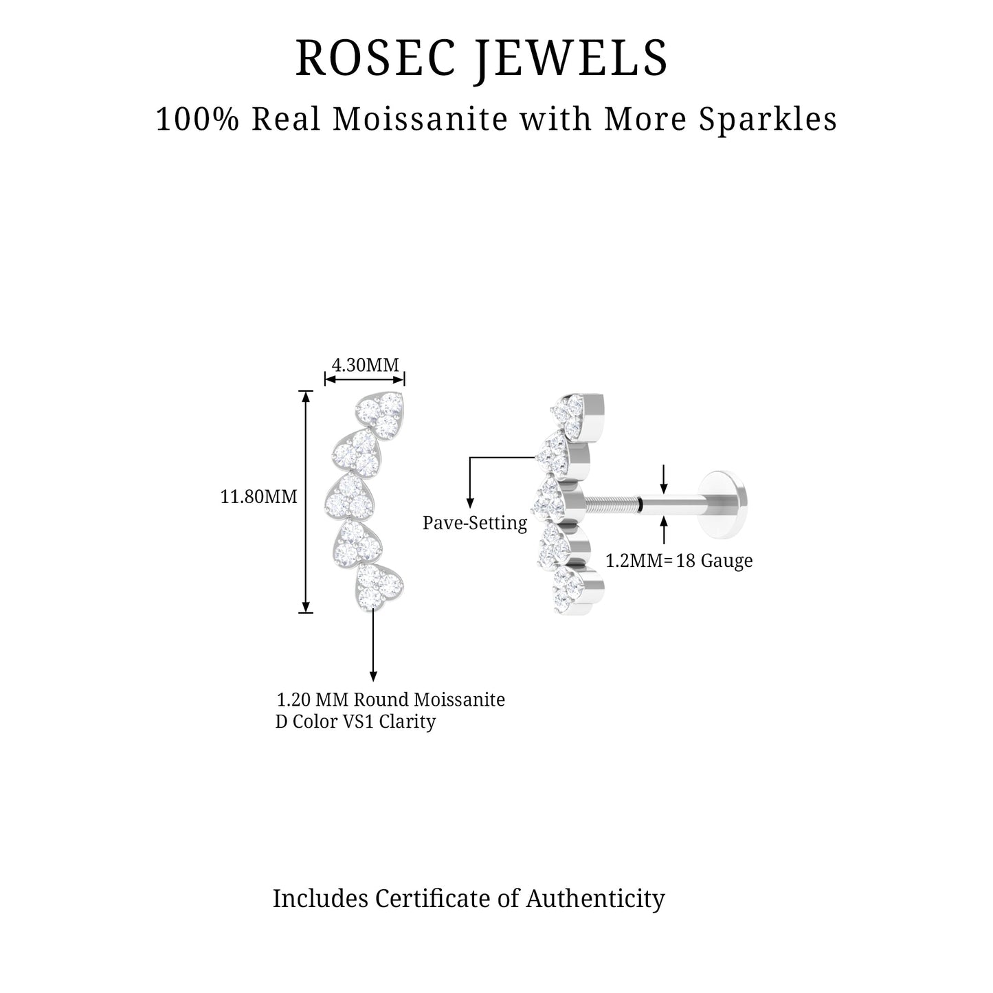Certified Moissanite Heart Curved Crawler Earring