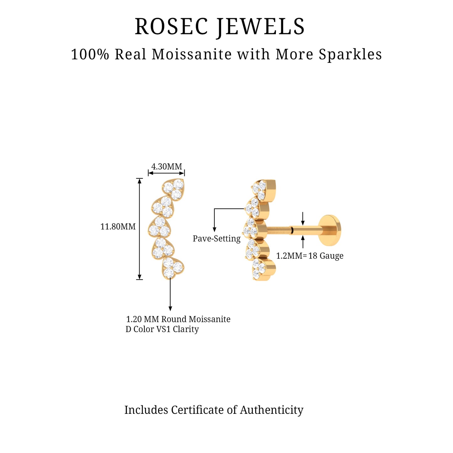 Certified Moissanite Heart Curved Crawler Earring