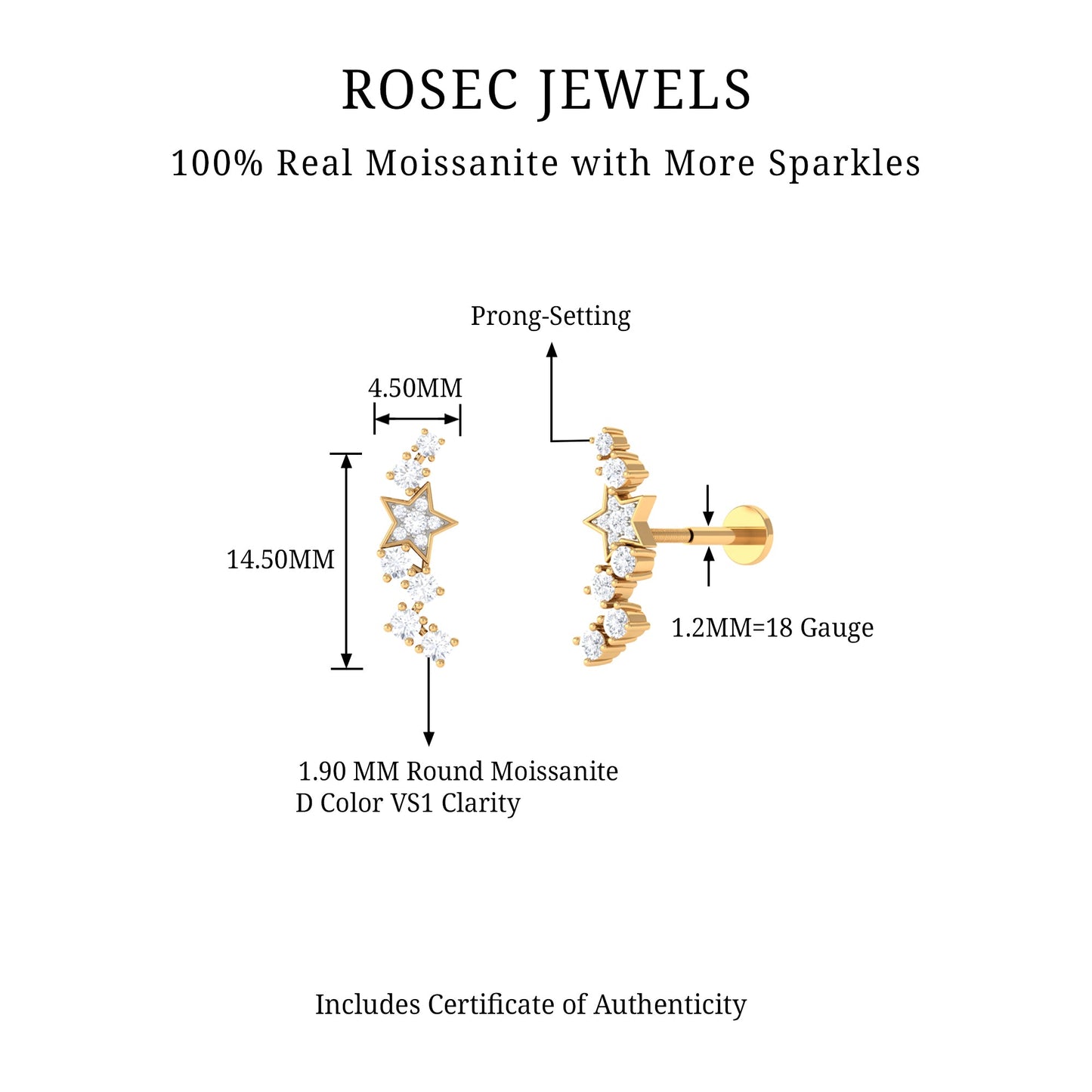 Moissanite Star Crawler Earring for Helix Piercing