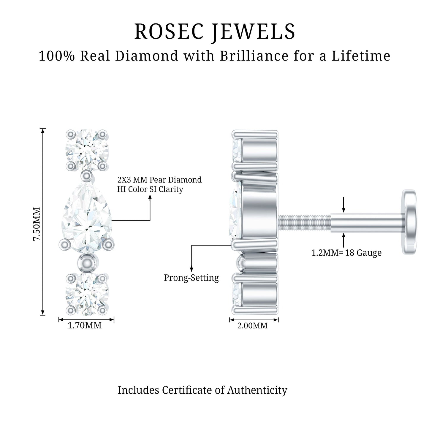 Natural Three Diamond Cartilage Earring with Flat Back