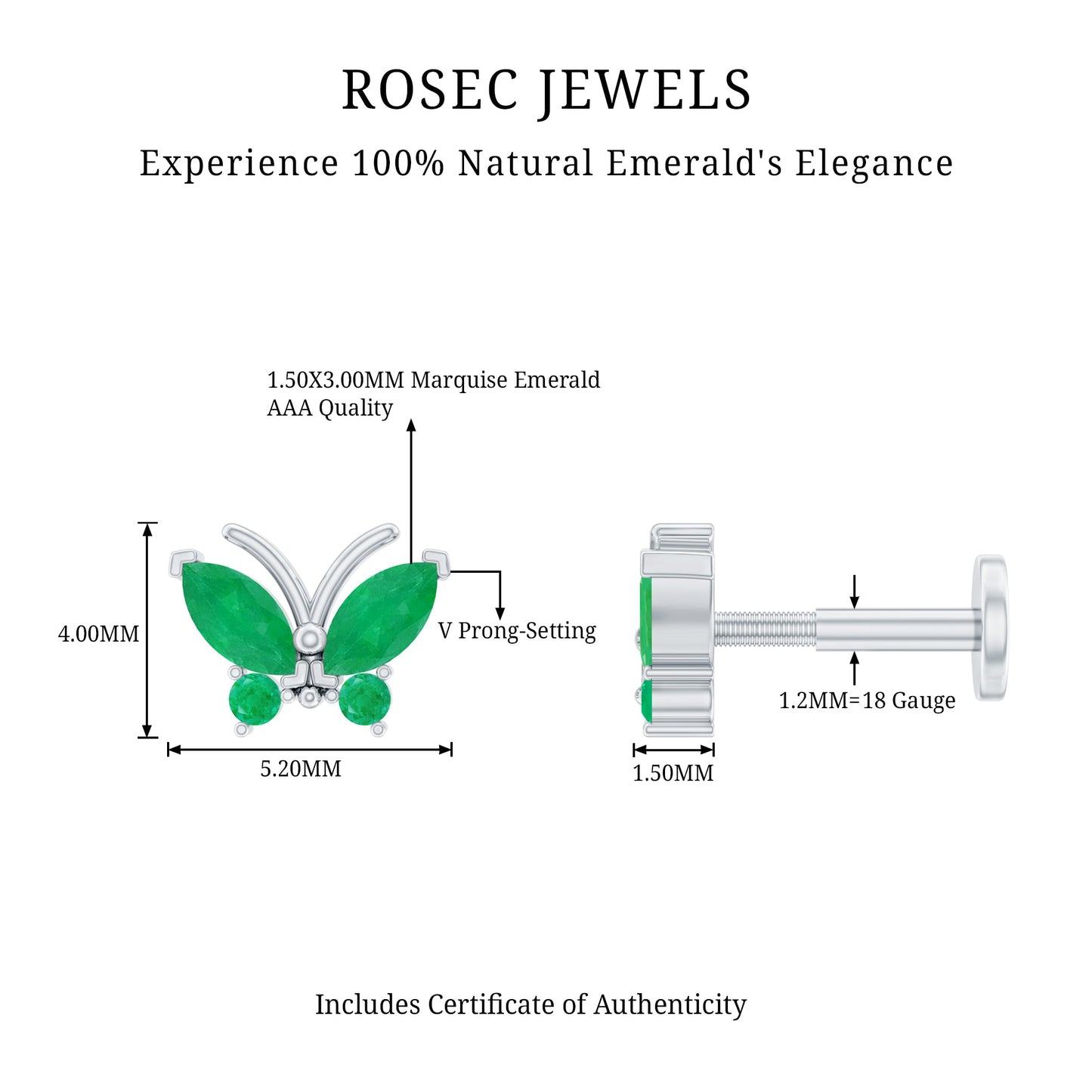 Natural Emerald Butterfly Earring for Cartilage Piercing
