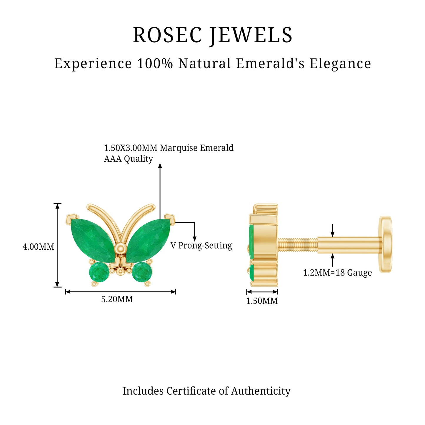 Natural Emerald Butterfly Earring for Cartilage Piercing