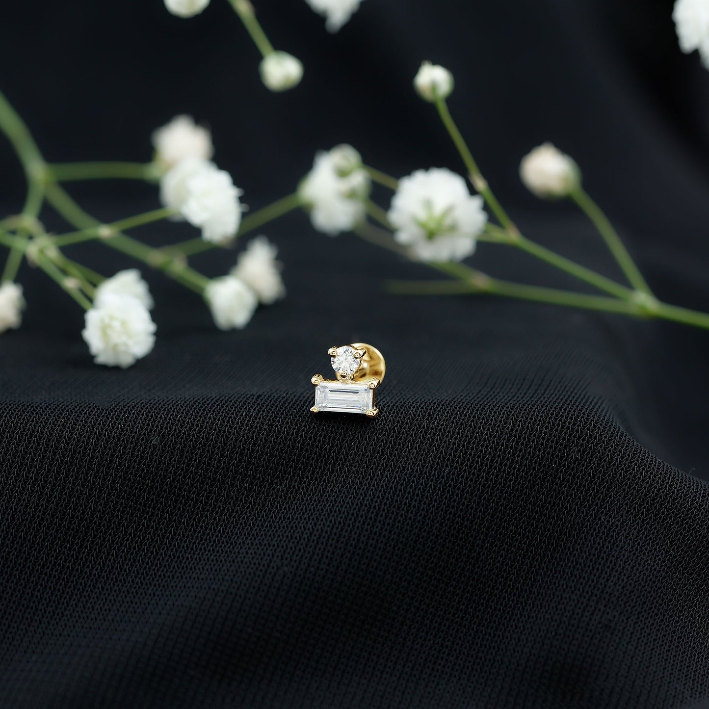 Baguette and Round Cut Moissanite Tragus Earring