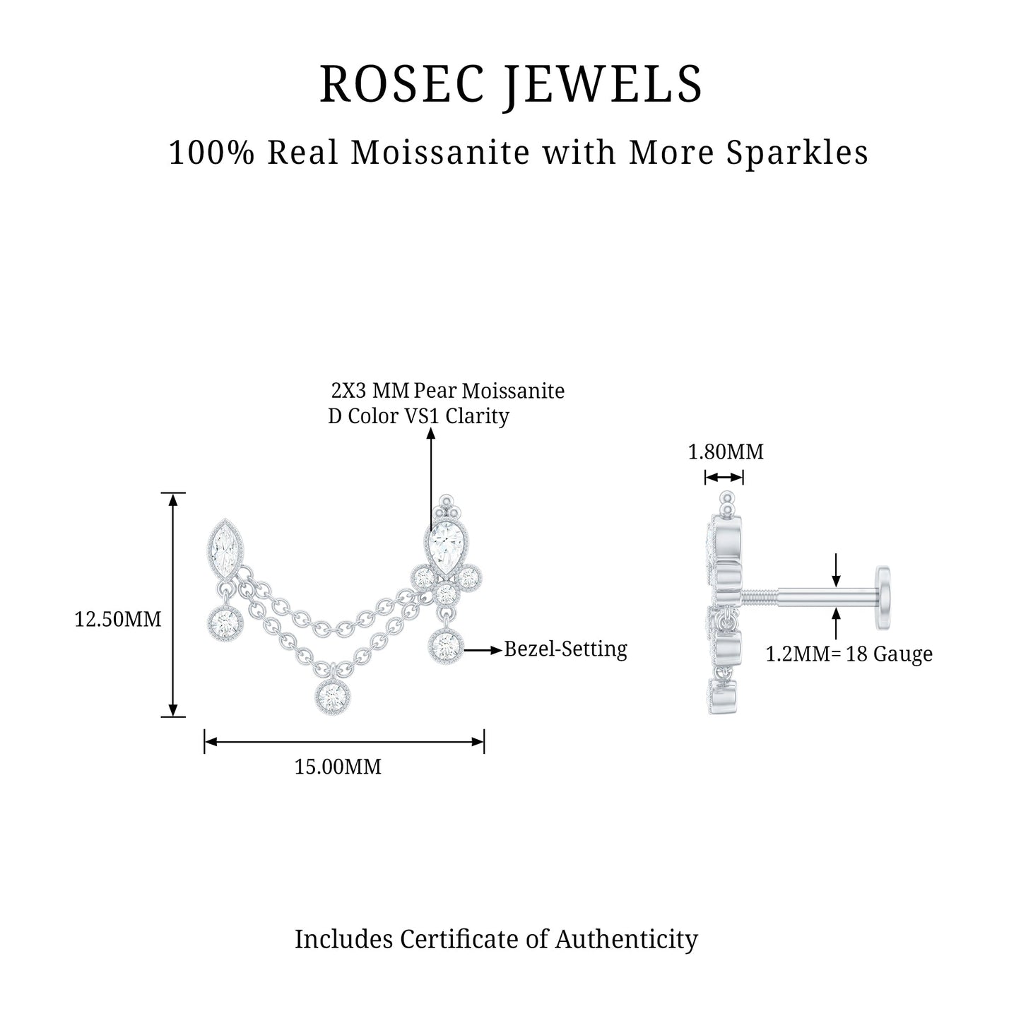Certified Moissanite Double Chain Earring for Helix Piercing