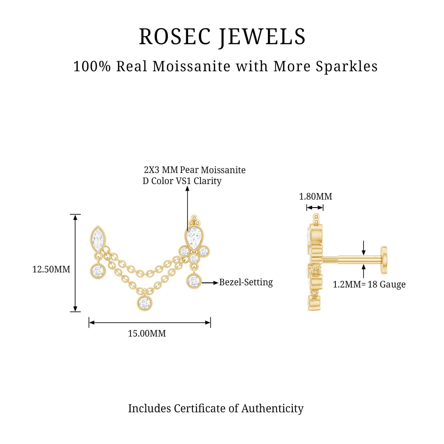 Certified Moissanite Double Chain Earring for Helix Piercing