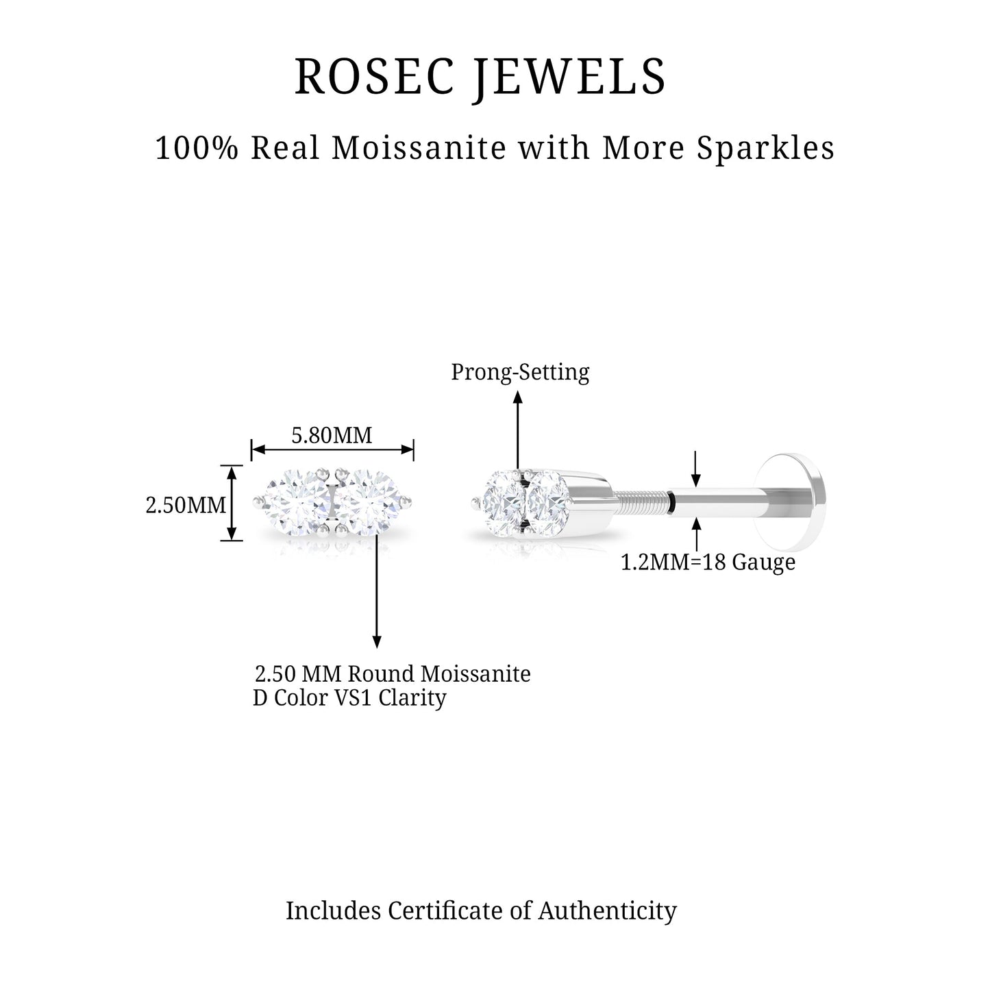 Minimalist Moissanite 2 Stone Earring for Tragus Piercing