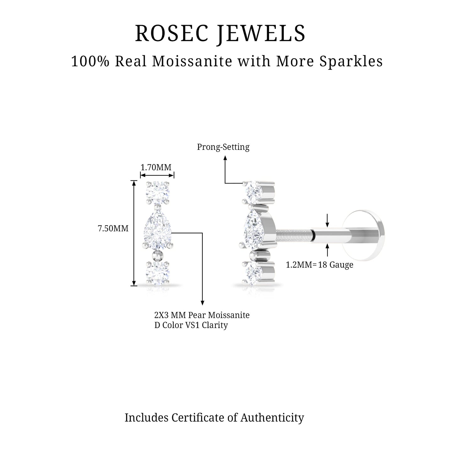 Certified Moissanite 3 Stone Tragus Earring