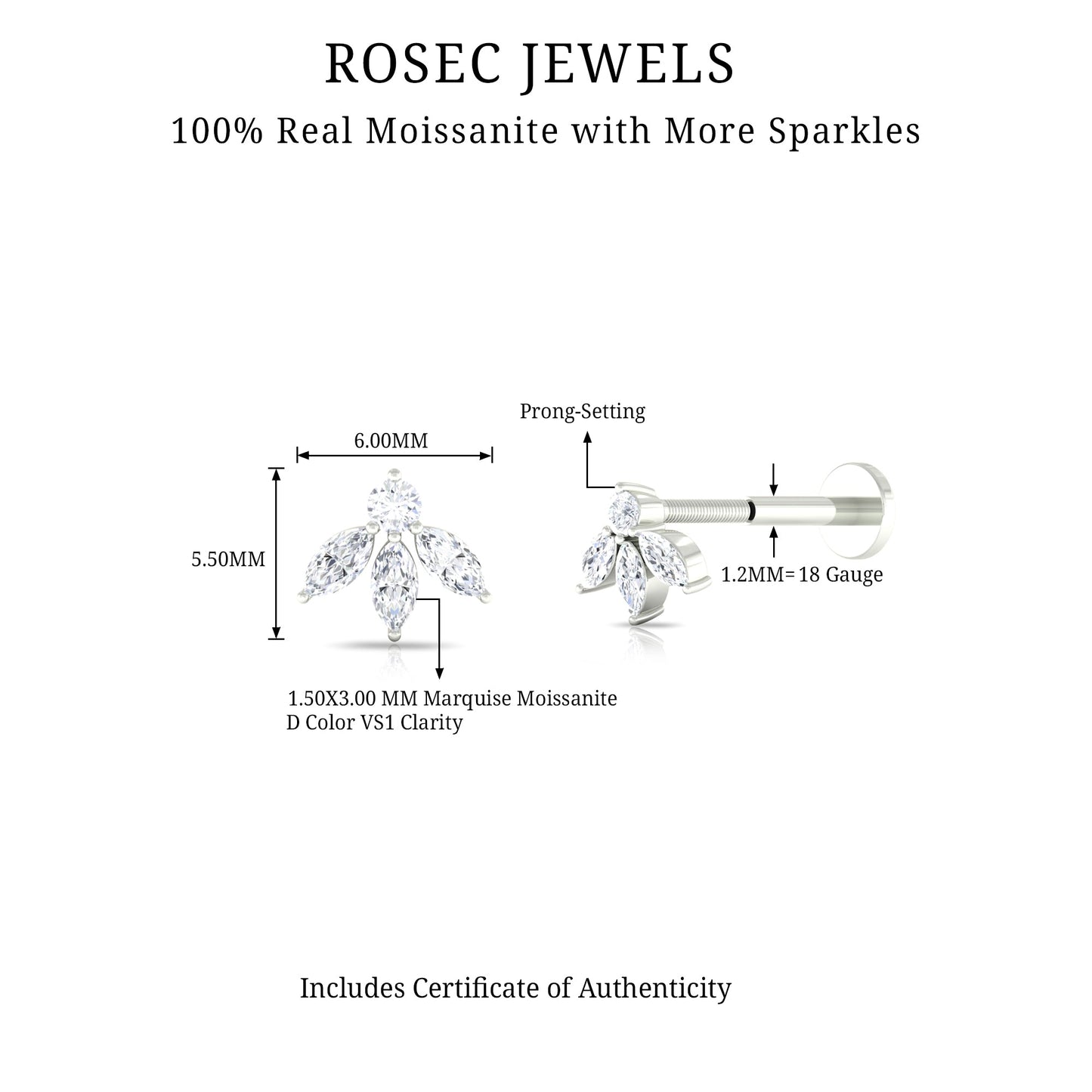 Certified Moissanite Leaf Piercing Earring