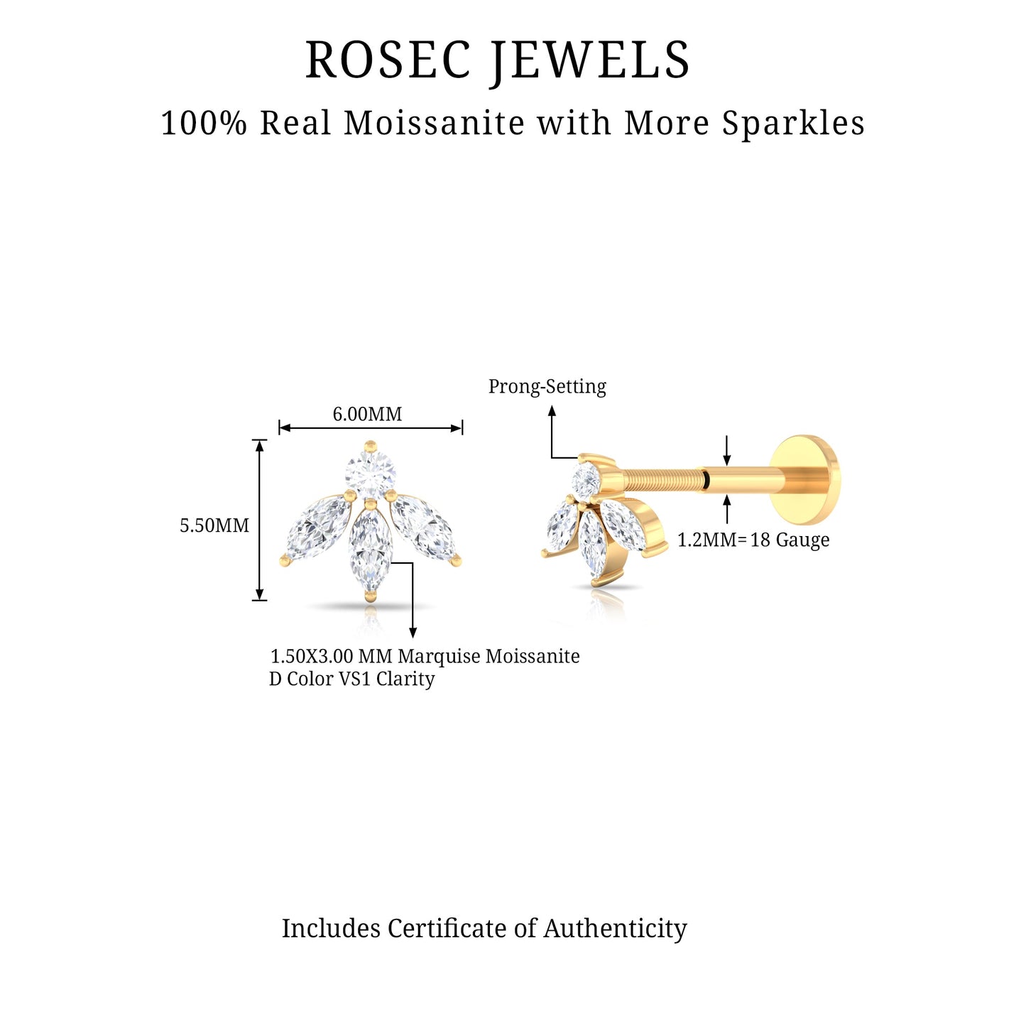 Certified Moissanite Leaf Piercing Earring