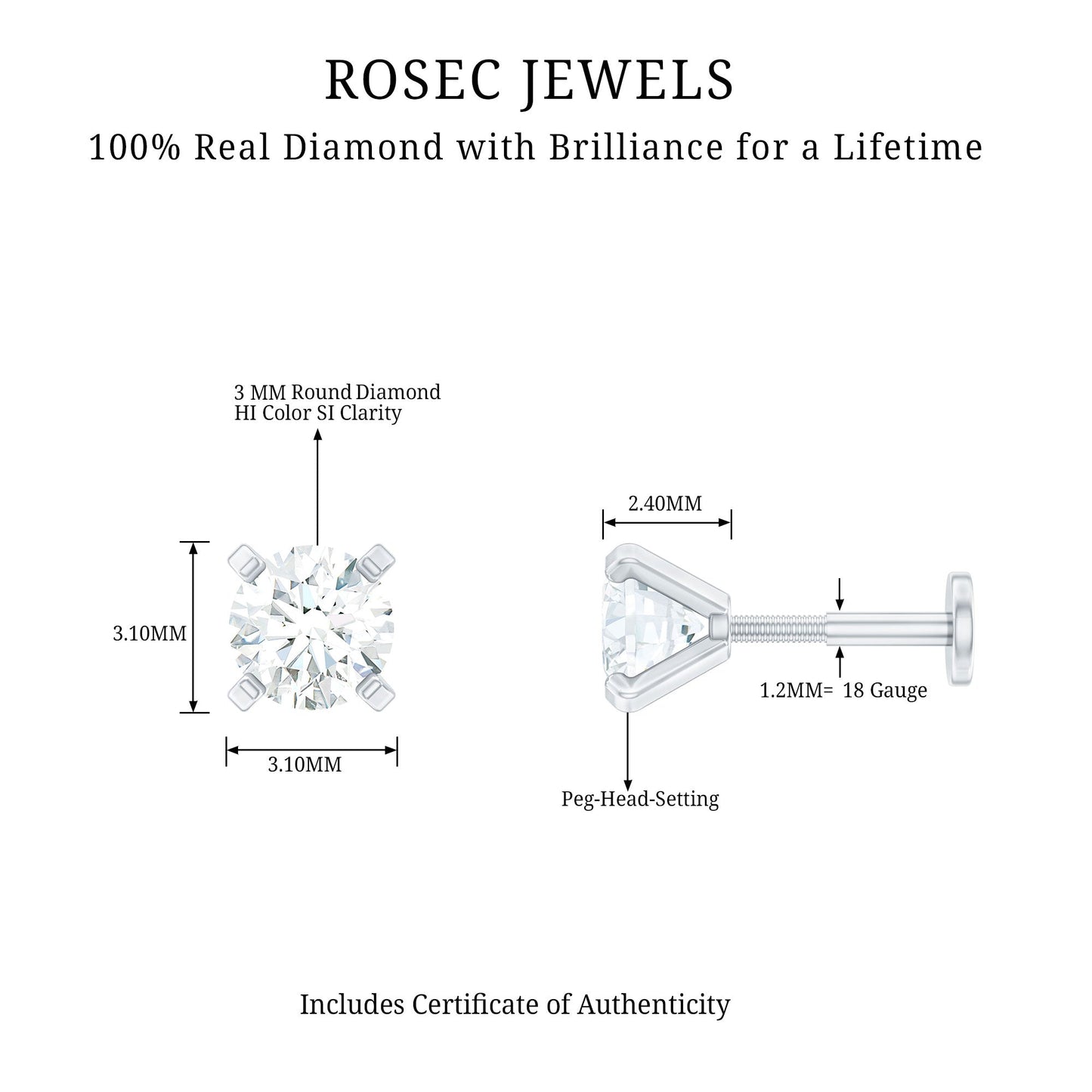 Minimalist Peg Head Set Diamond Nose Pin Stud
