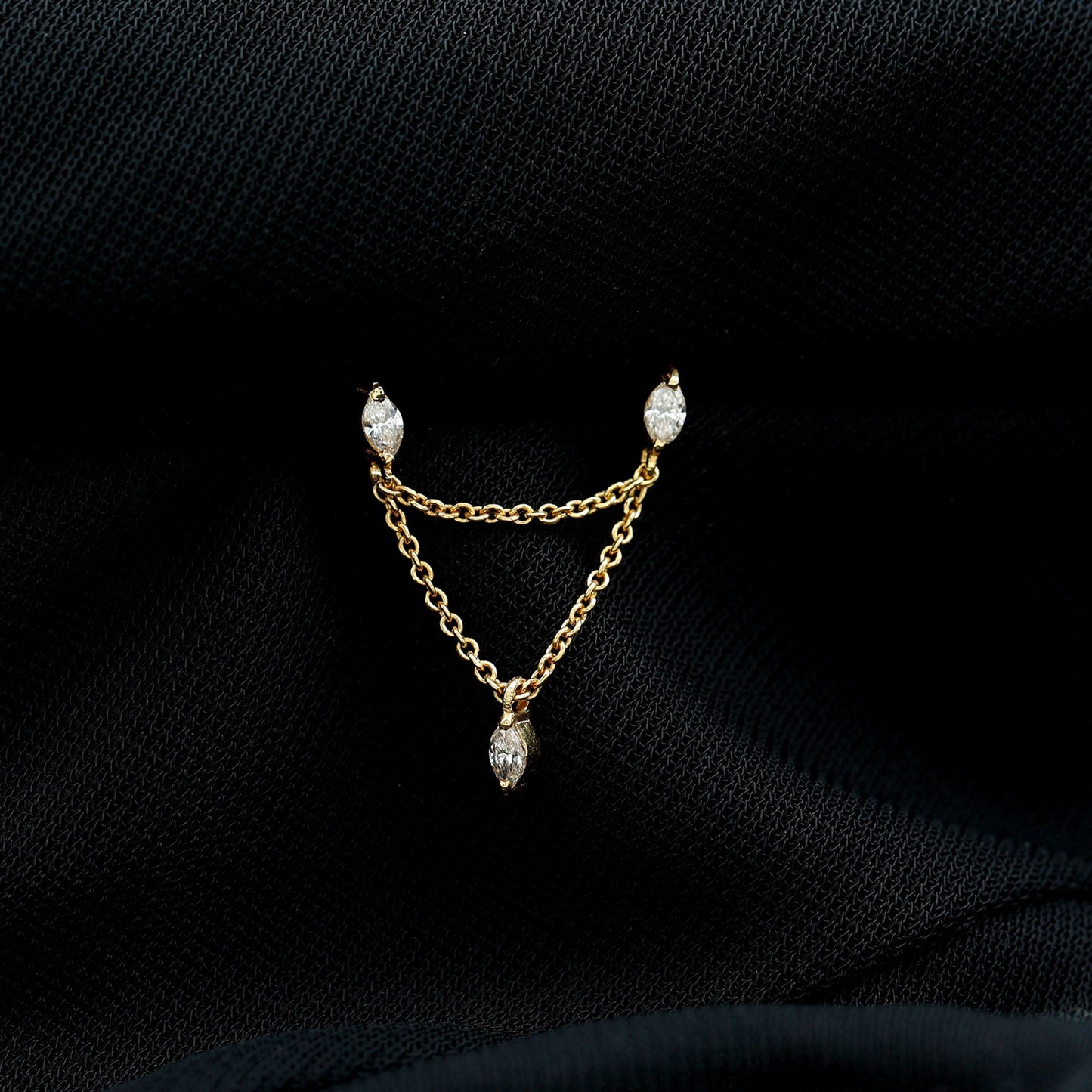 Marquise Diamond Double Piercing Earring with Dangling Chain