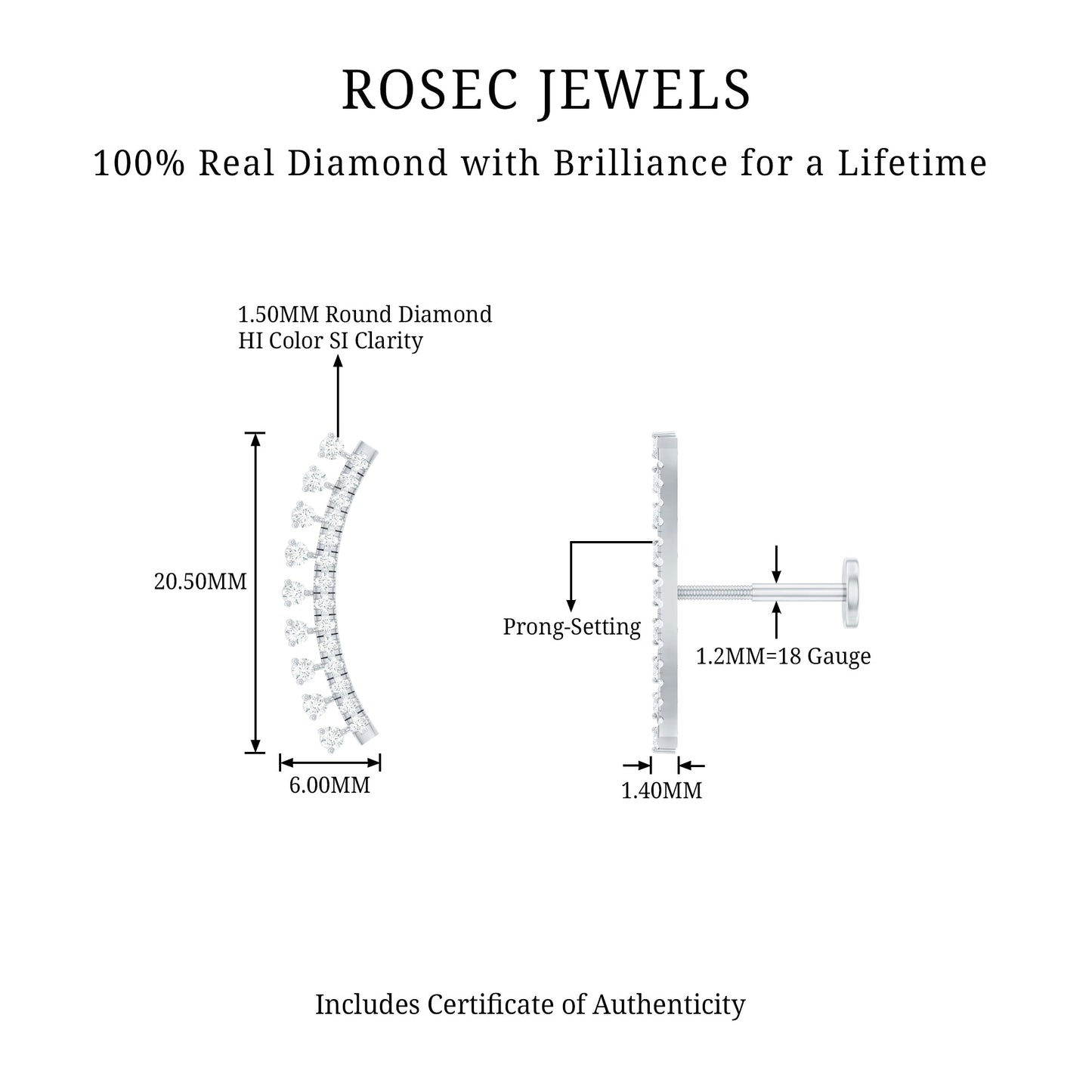 Minimal Diamond Crawler Earring for Cartilage Piercing