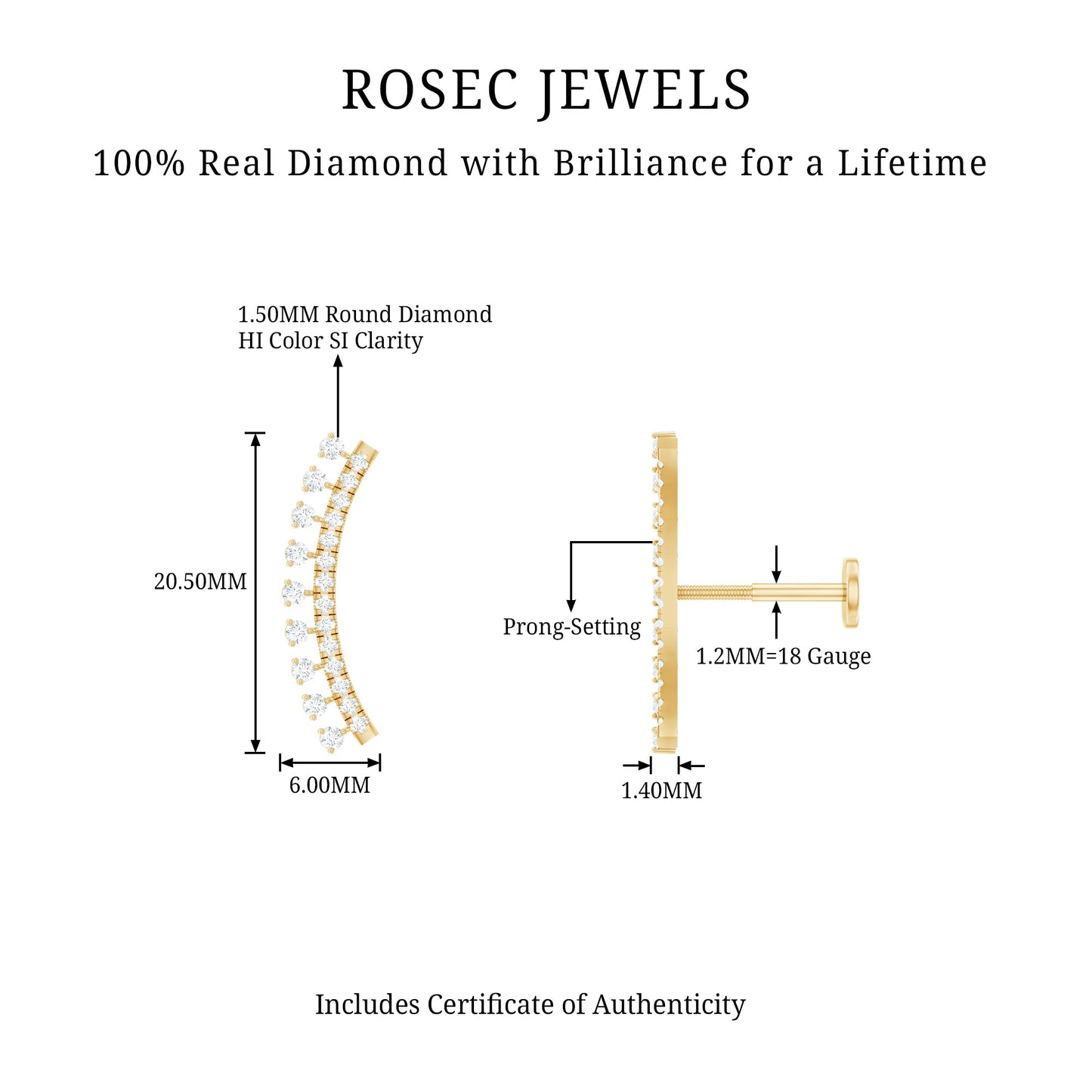 Minimal Diamond Crawler Earring for Cartilage Piercing